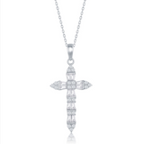 The Classic of New York Sterling Silver Baguette CZ Cross Necklace features a sparkling baguette CZ cross pendant on a delicate 925 sterling silver, rhodium-plated chain, displayed against a white background.