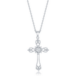 The Classic of New York Sterling Silver & CZ Filigree Cross Necklace features ornate details and a cluster of sparkling cubic zirconia at the center, displayed on a delicate chain against a white background.