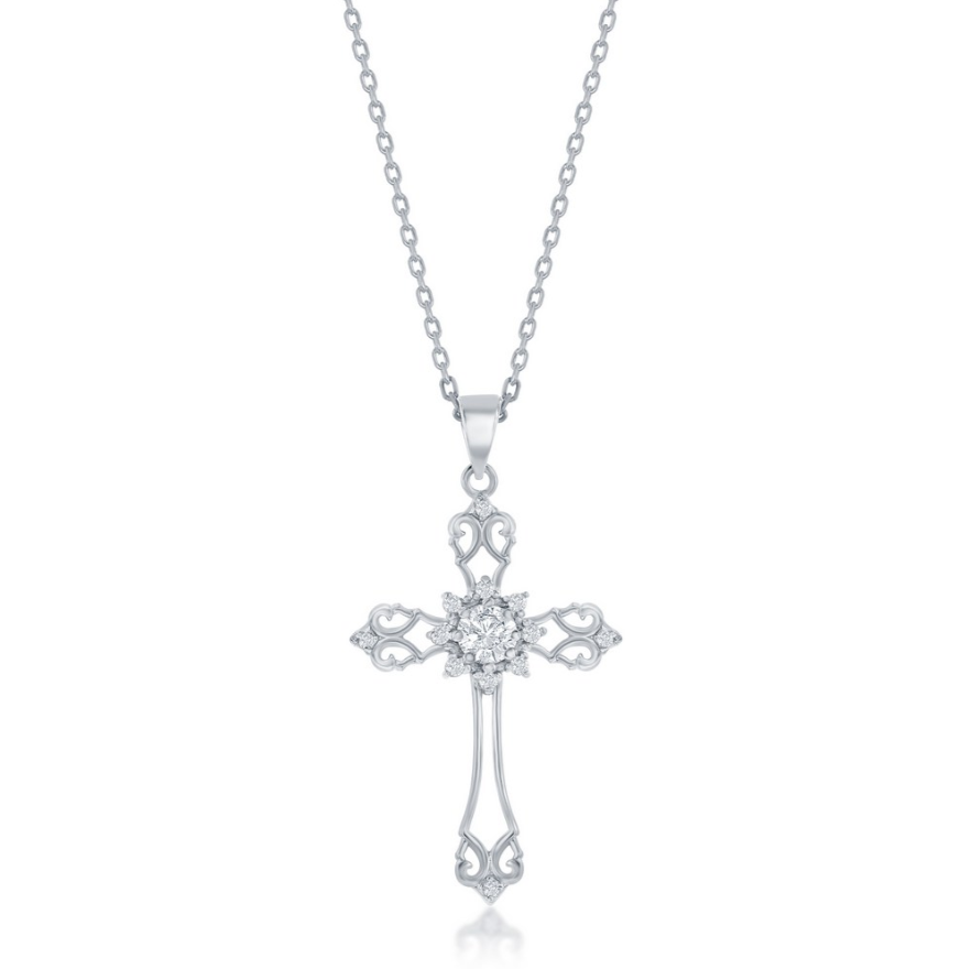 The Classic of New York Sterling Silver & CZ Filigree Cross Necklace features ornate details and a cluster of sparkling cubic zirconia at the center, displayed on a delicate chain against a white background.