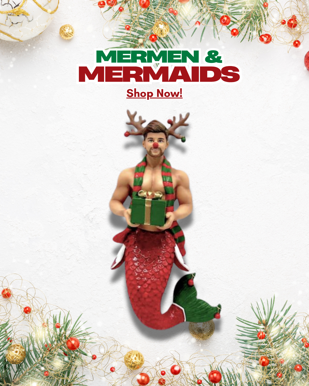 Decorative figurines of Santa Claus, mermaids, and other characters with a Christmas theme on a white background.