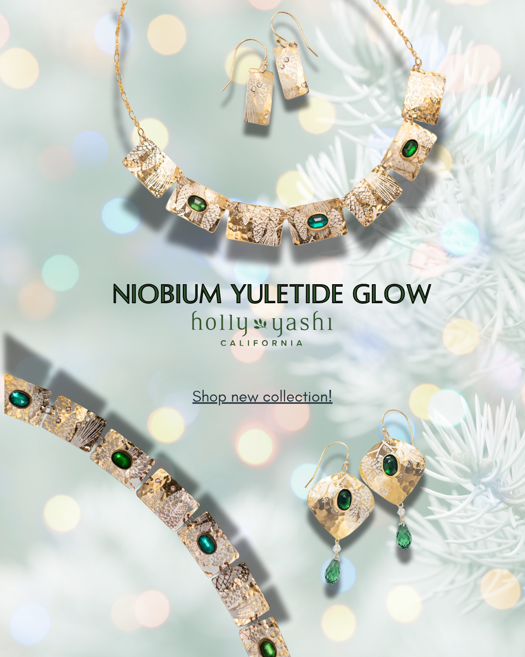 Jewelry set with necklace and earrings on a festive background, featuring the brand 'holly yashi'.