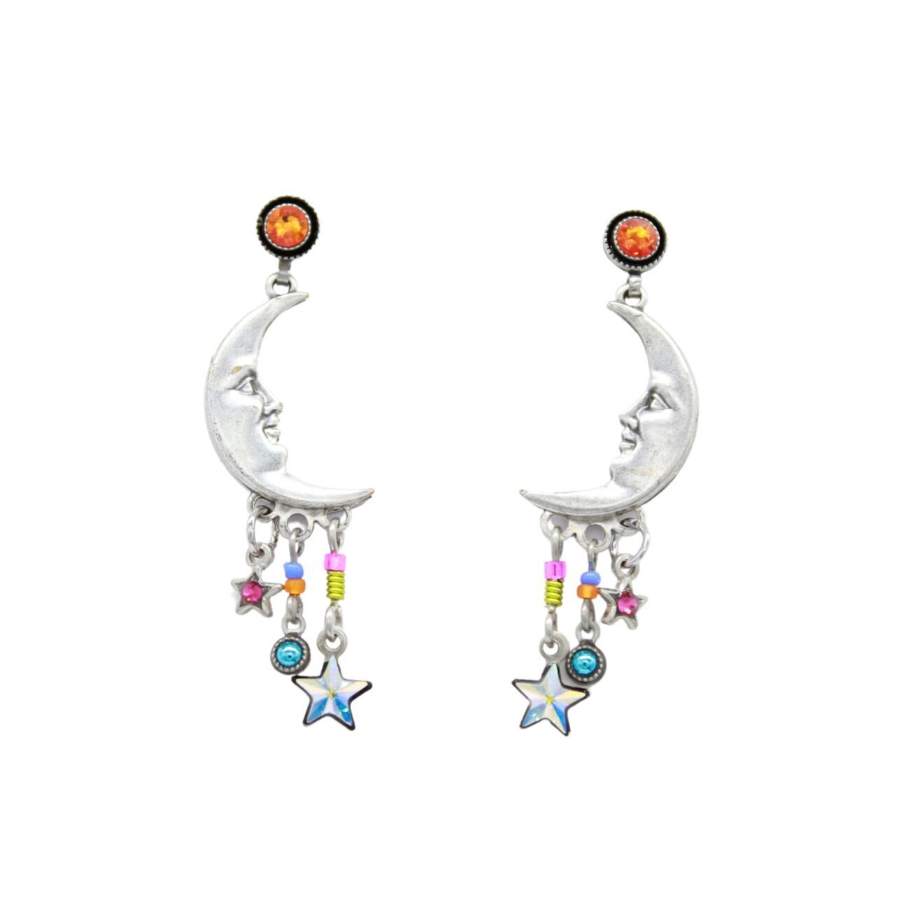 Handmade in Guatemala, the Luna Quarter Moon Multi-Color Earrings by Firefly feature silver crescent moons with face details, orange studs, colorful stars, beads, and chain dangles for a whimsical celestial fair-trade jewelry design.