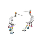 Luna Quarter Moon Multi-Color Earrings by Firefly Jewelry: Silver crescent moon earrings featuring smiling faces, colorful beads, and dangling star charms. Handmade in Guatemala, these earrings showcase the essence of fair-trade craftsmanship.
