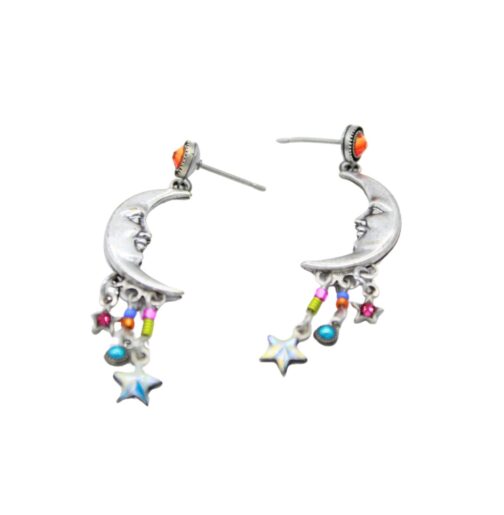 Luna Quarter Moon Multi-Color Earrings by Firefly Jewelry: Silver crescent moon earrings featuring smiling faces, colorful beads, and dangling star charms. Handmade in Guatemala, these earrings showcase the essence of fair-trade craftsmanship.
