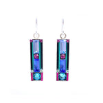 The Architectural Light Turquoise Earrings by Firefly Jewelry feature handmade, rectangular designs with blue, purple, and pink gemstones in a silver frame. These striking earrings hang elegantly from short hooks and reflect fair-trade practices.