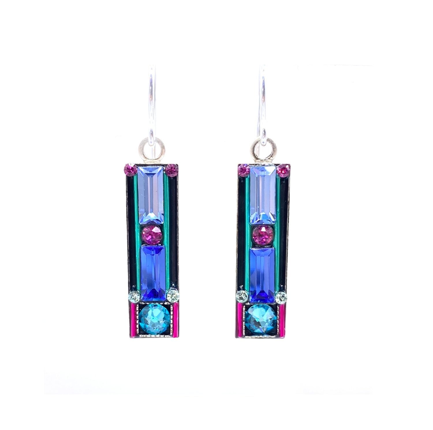The Architectural Light Turquoise Earrings by Firefly Jewelry feature handmade, rectangular designs with blue, purple, and pink gemstones in a silver frame. These striking earrings hang elegantly from short hooks and reflect fair-trade practices.