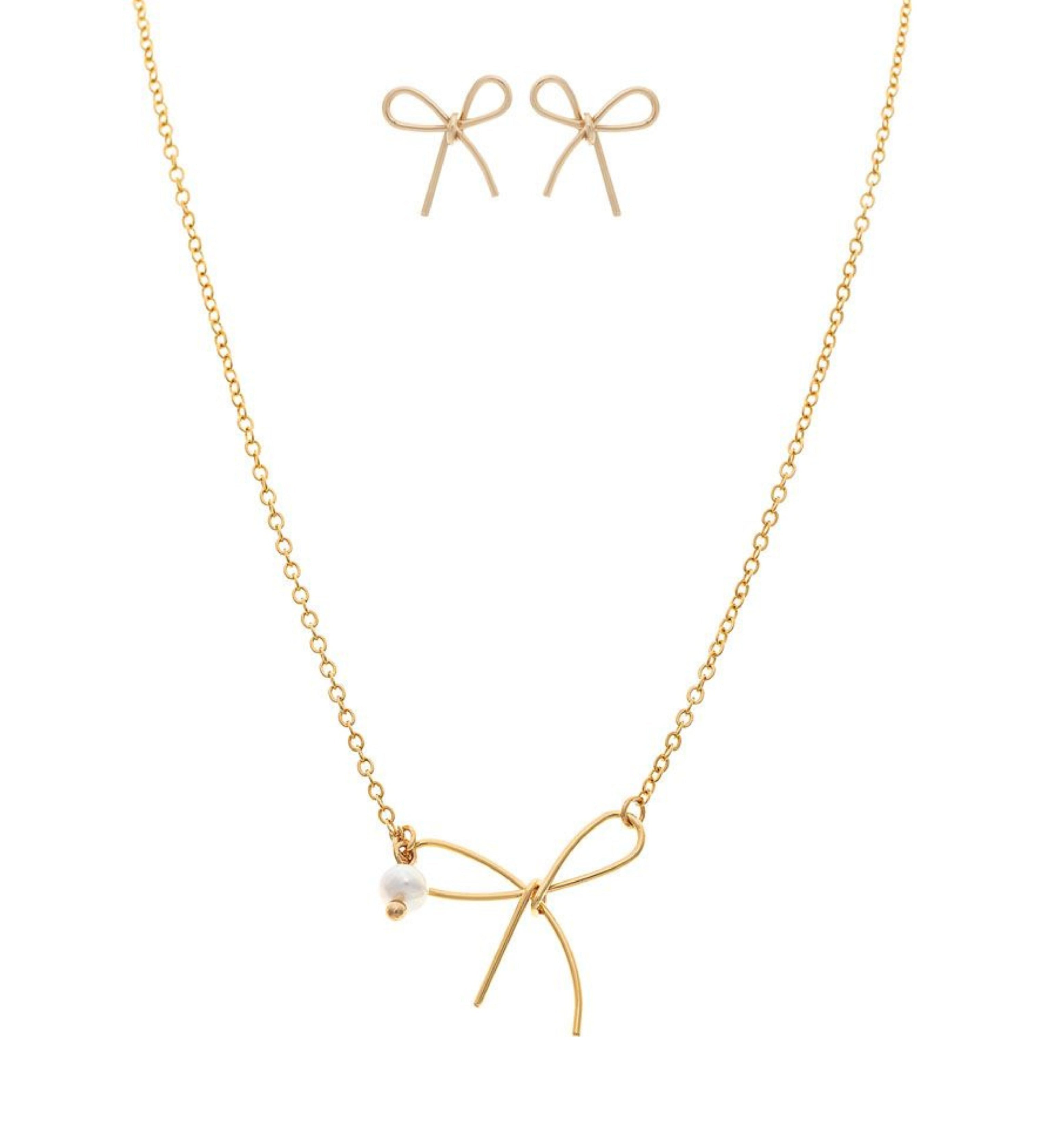 The A-Train Gold Tiny Bow with Pearl Necklace Set features a delicate bow pendant and matching gold bow stud earrings, beautifully presented on a white background.