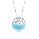 The Classic of New York Larimar Round Waves Necklace (w/Chain) features a sterling silver round pendant with swirling wave designs above a smooth, translucent light blue Larimar stone.