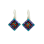 La Dolce Vita Diagonal Multi-Color Earrings by Firefly feature purple borders, blue corner gems, and a vibrant central mosaic with red, green, and yellow accents. Handmade in Guatemala, these earrings are displayed on silver hooks against a white background.