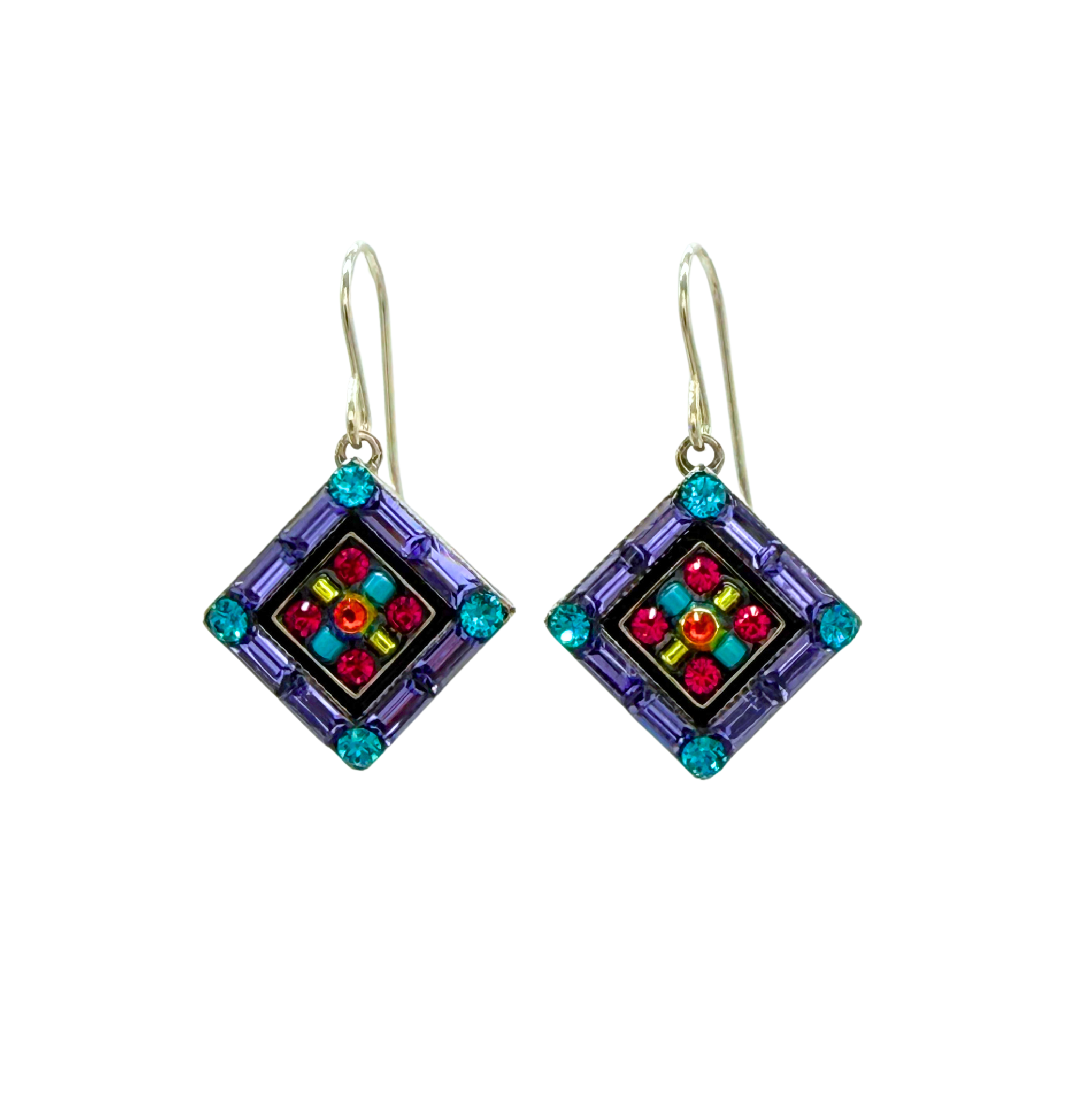 La Dolce Vita Diagonal Multi-Color Earrings by Firefly feature purple borders, blue corner gems, and a vibrant central mosaic with red, green, and yellow accents. Handmade in Guatemala, these earrings are displayed on silver hooks against a white background.