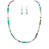 Introducing the A-Train Silver and Amazonite Square Tube Bead Necklace Set—a striking jewelry set featuring silver and amazonite square tube beads, paired with matching dangling earrings adorned with two amazonite beads each. Elegantly displayed on a white background, this set makes a thoughtful gift for any occasion.