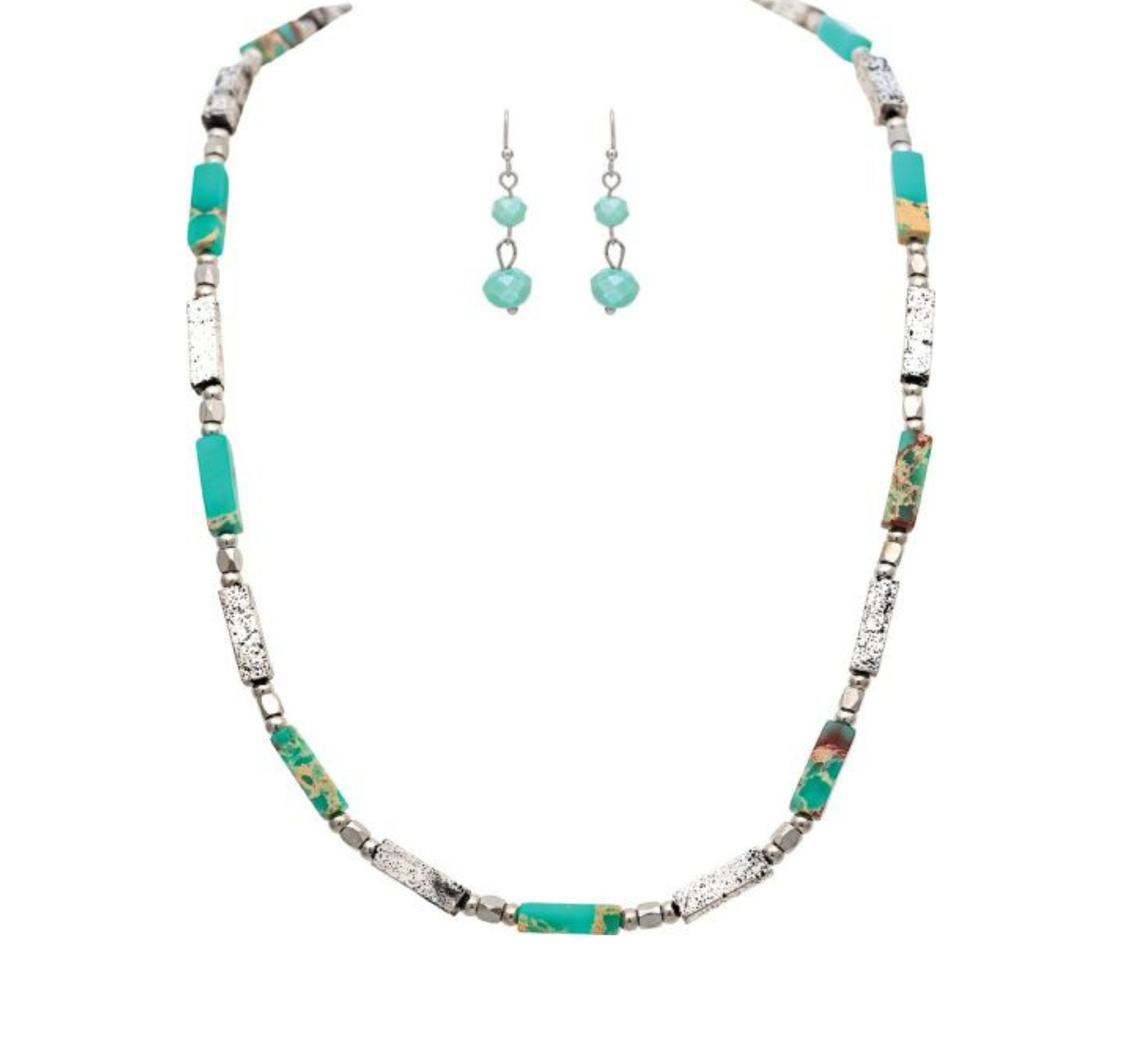 Introducing the A-Train Silver and Amazonite Square Tube Bead Necklace Set—a striking jewelry set featuring silver and amazonite square tube beads, paired with matching dangling earrings adorned with two amazonite beads each. Elegantly displayed on a white background, this set makes a thoughtful gift for any occasion.