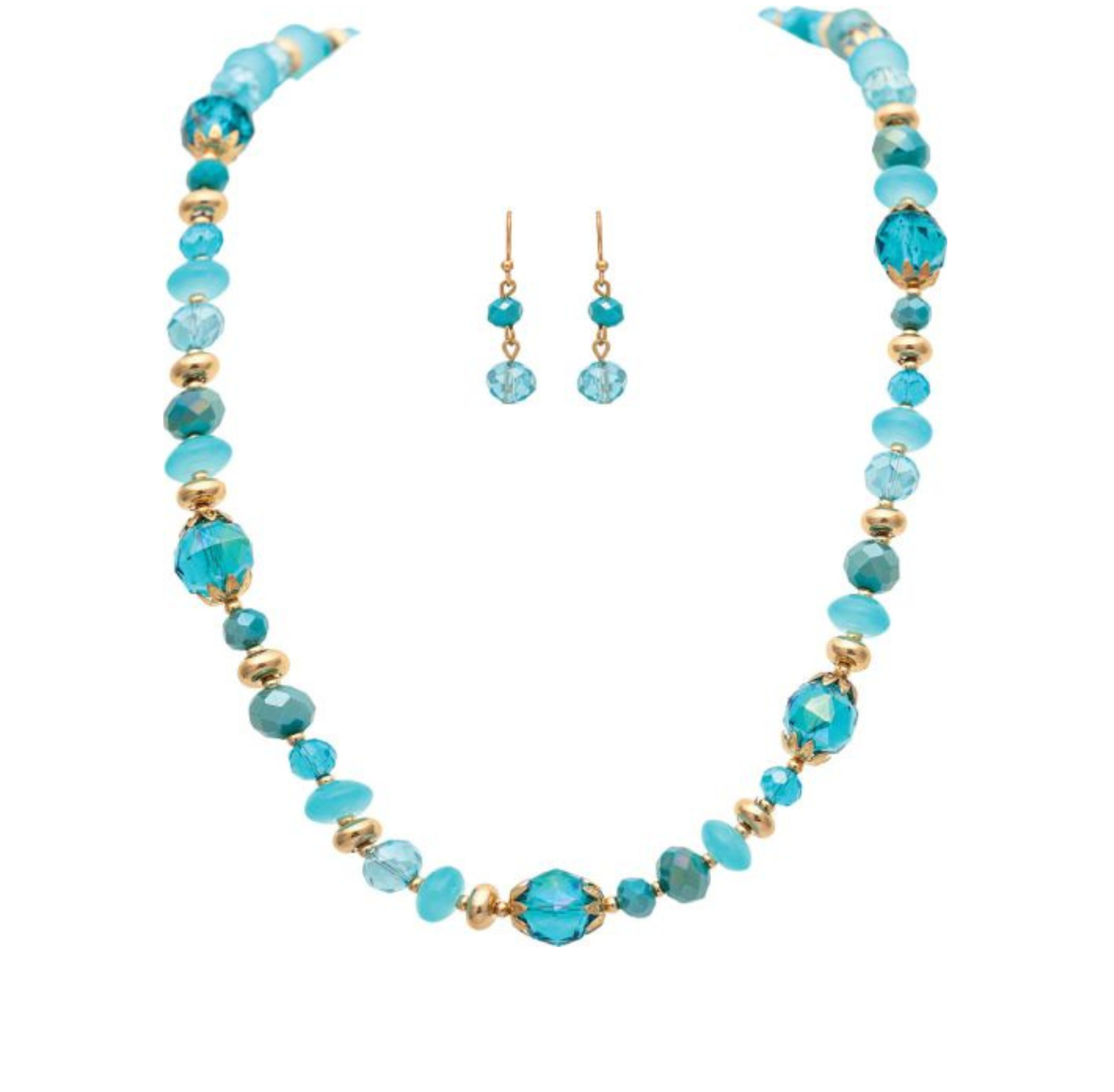 Introducing the A-Train Gold Blue Mixed Glass Bead Necklace Set—a dazzling set featuring a beaded blue and gold necklace with coordinating blue and gold beaded drop earrings, beautifully showcased on a white background. This elegant Glass Bead Necklace Set adds a vibrant touch of color to any ensemble.