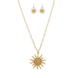 A-Train Gold Spiral Sun Necklace Set: This sophisticated set includes a matching necklace and dangle earrings, each showcasing a brilliant sunburst motif with an intricate spiral center on a delicate chain—an ideal way to add luminous elegance to any look.