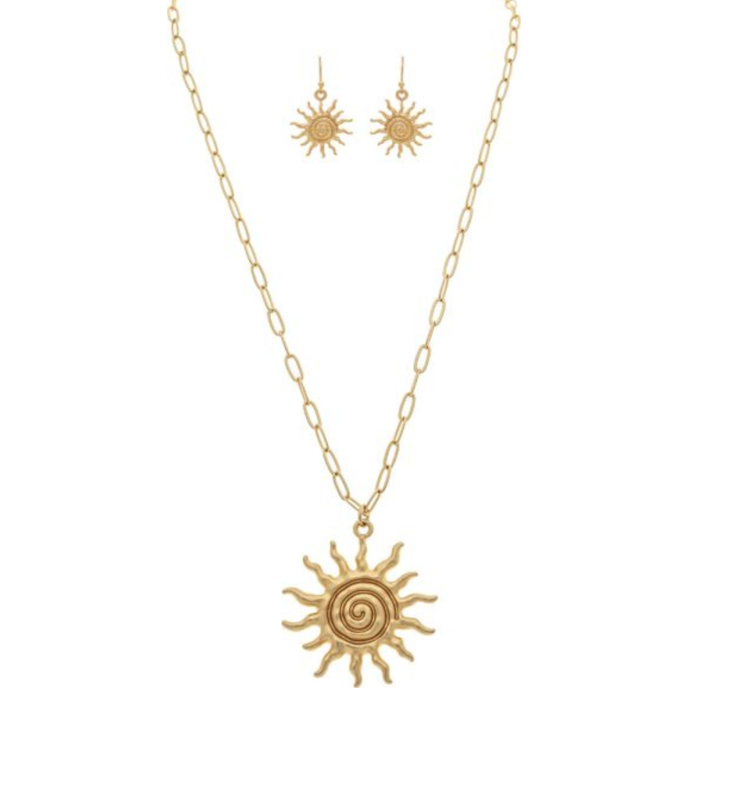 A-Train Gold Spiral Sun Necklace Set: This sophisticated set includes a matching necklace and dangle earrings, each showcasing a brilliant sunburst motif with an intricate spiral center on a delicate chain—an ideal way to add luminous elegance to any look.