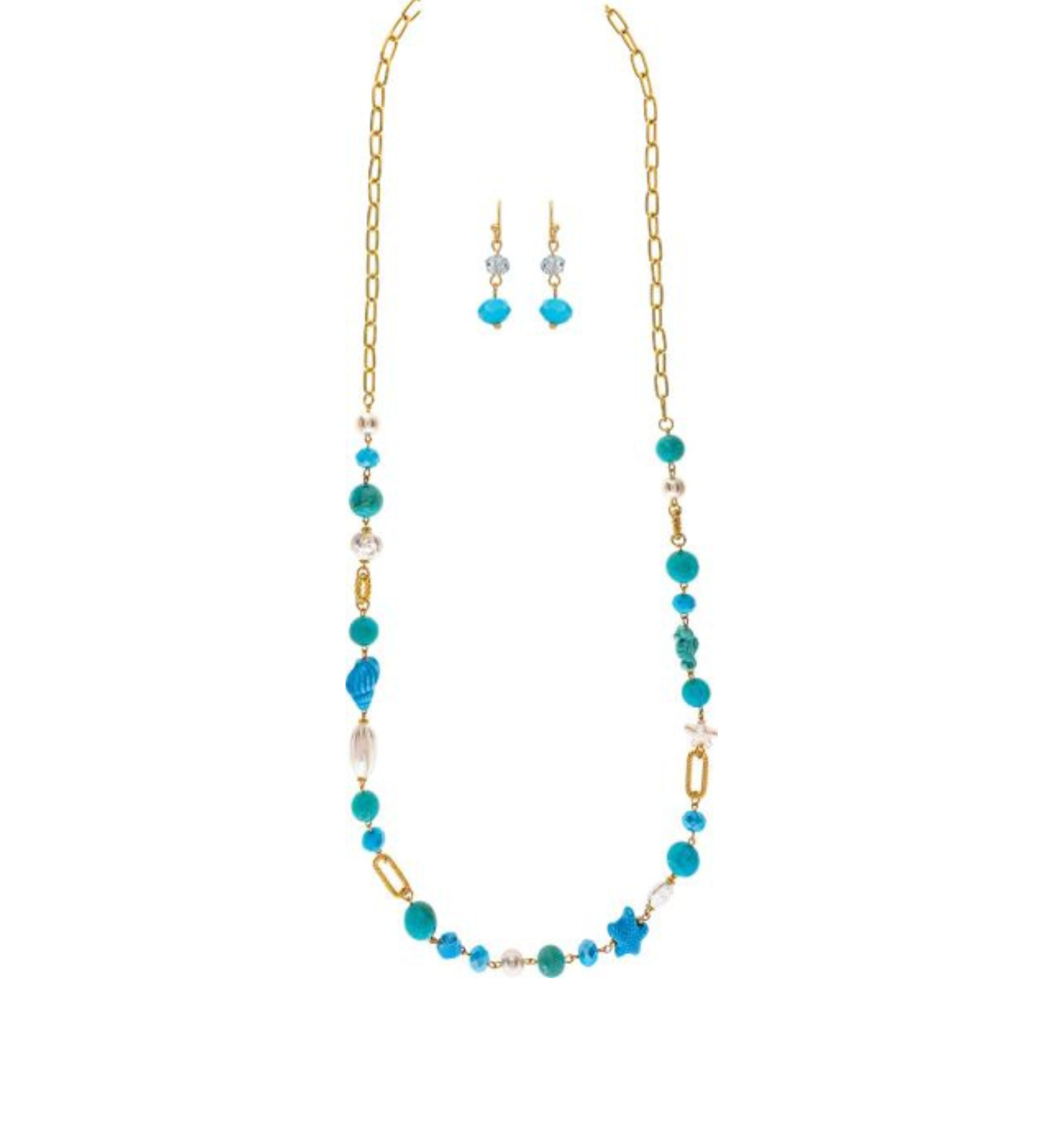 Product Name: Gold Blue Aqua Beach Theme Beads 36" Necklace Set Brand Name: A-Train Rewritten Sentence: The A-Train Gold Blue Aqua Beach Theme Beads 36" Necklace Set features a stunning necklace adorned with blue and aqua beads paired with matching drop earrings, all beautifully displayed on a white background.