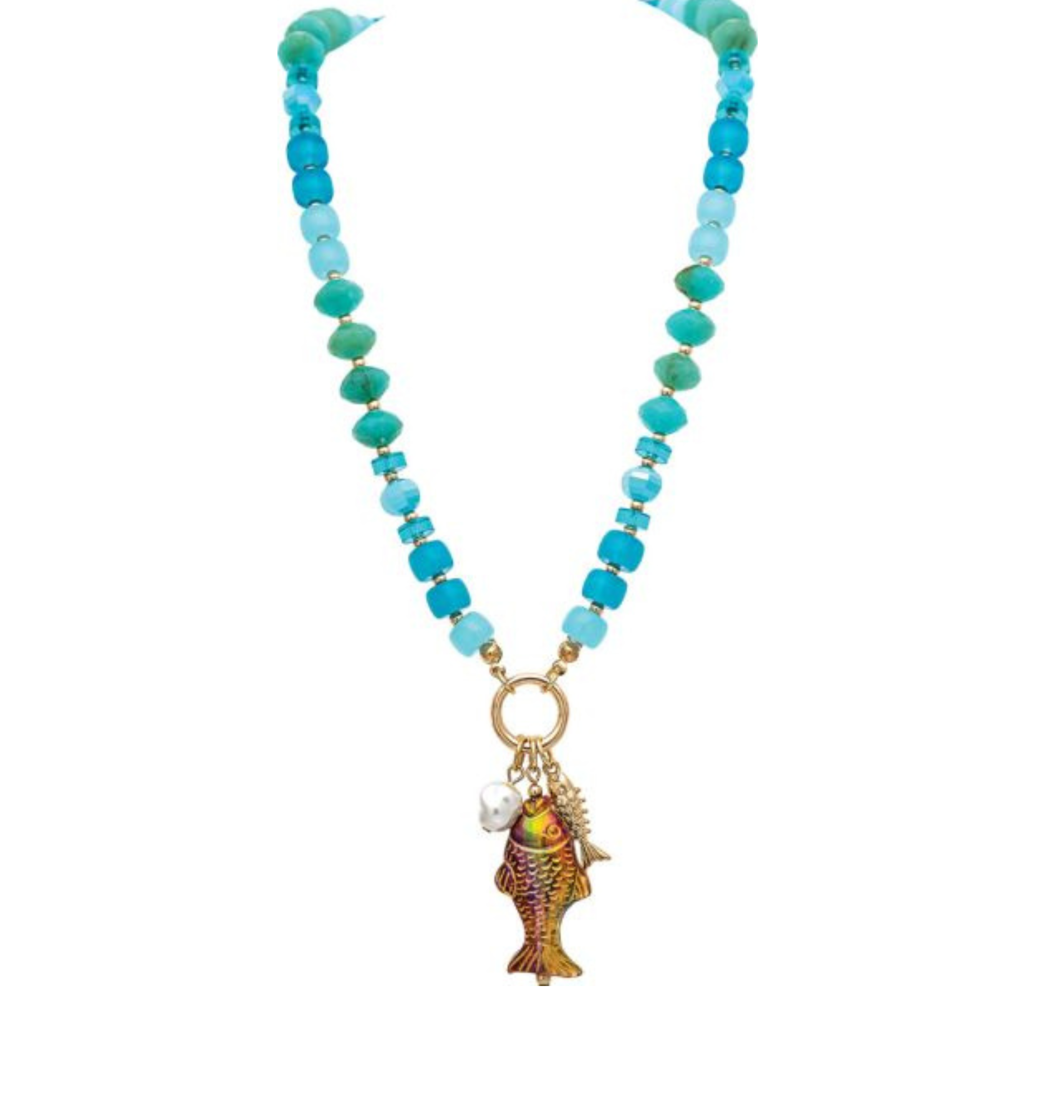 A-Train Gold Blue Mix Beads Fish Charms Necklace Only: Showcasing vibrant blue beads, a dangling gold fish charm, and a delicate white pearl accent, this necklace is beautifully displayed on a white background—making it the perfect statement piece for any stylish ensemble.