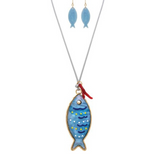 Introducing the Gold Opalized Bluefish Grey Cord 18-40" Necklace Set by A-Train—a whimsical ensemble featuring a blue fish-shaped pendant and matching earrings, each adorned with playful yellow, blue, and white accents. This silver-accented set, inspired by aquatic themes, brings charming underwater flair to any outfit with its adjustable grey cord design.