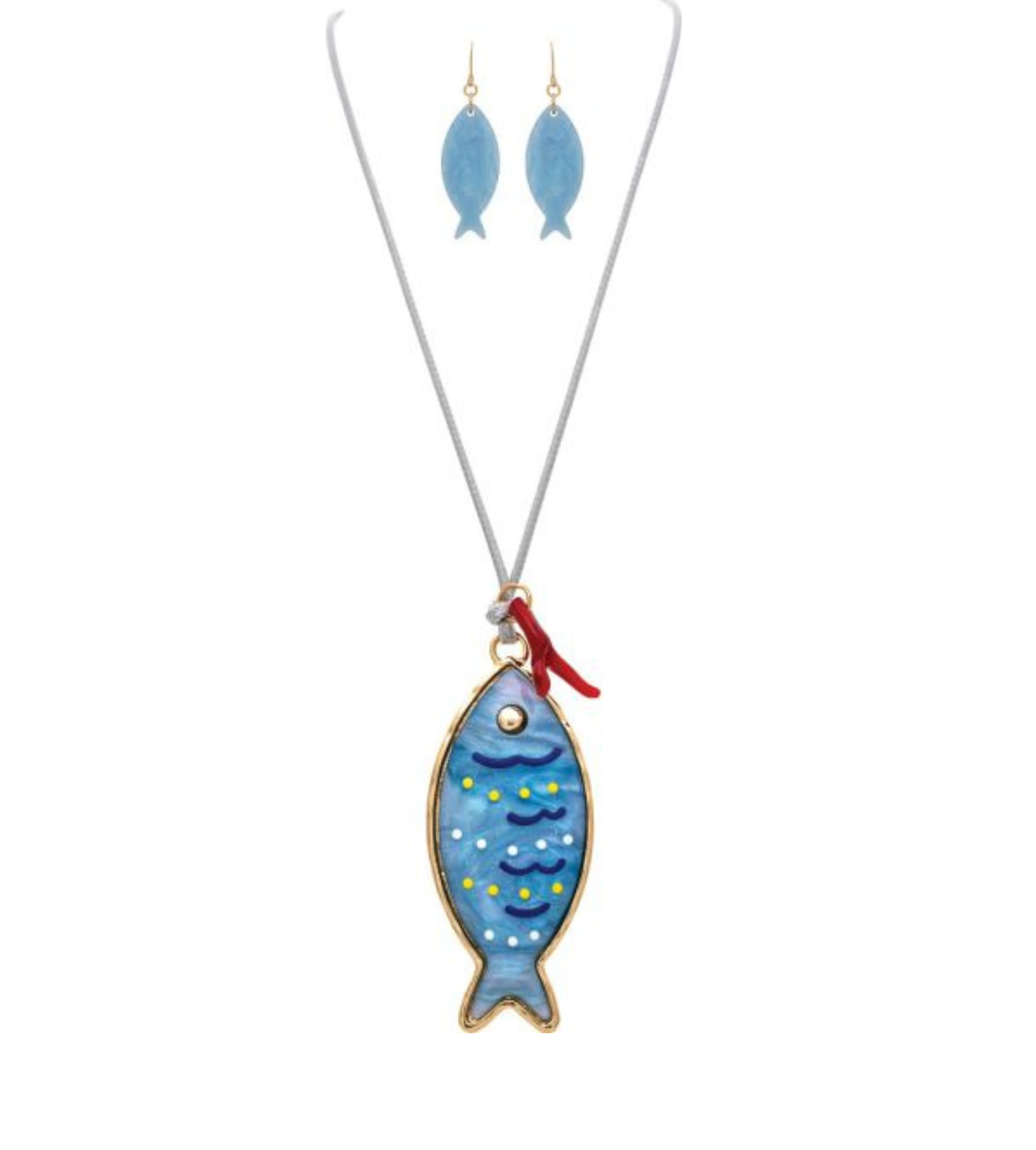 Introducing the Gold Opalized Bluefish Grey Cord 18-40" Necklace Set by A-Train—a whimsical ensemble featuring a blue fish-shaped pendant and matching earrings, each adorned with playful yellow, blue, and white accents. This silver-accented set, inspired by aquatic themes, brings charming underwater flair to any outfit with its adjustable grey cord design.