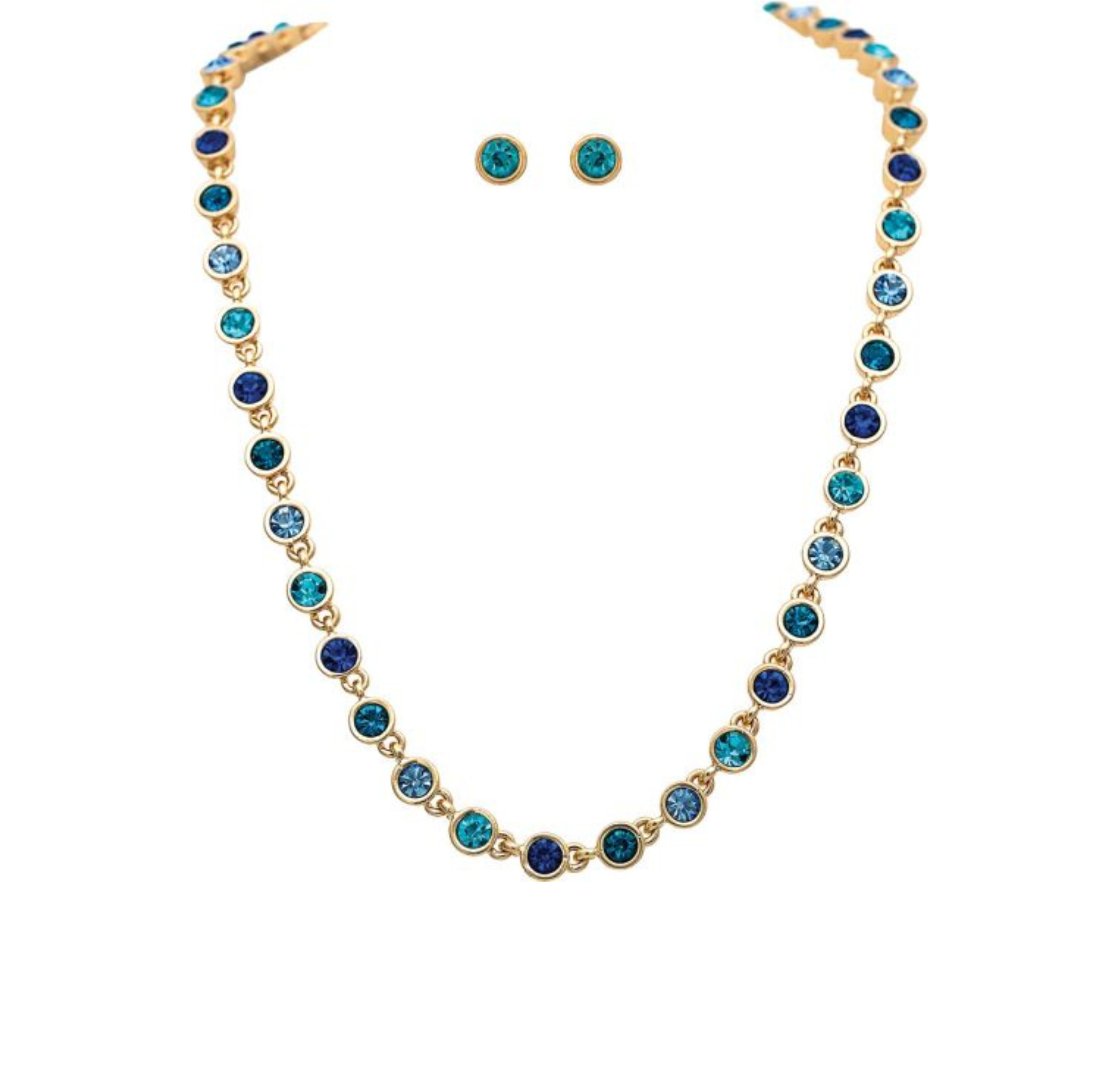 A-Train Gold Round Blue Multicolor Crystal Links Necklace Set features a gold necklace adorned with round blue, teal, and clear crystals, paired with matching blue stud earrings. Displayed on a white background, this elegant set is perfect for adding a touch of sophistication to any ensemble.
