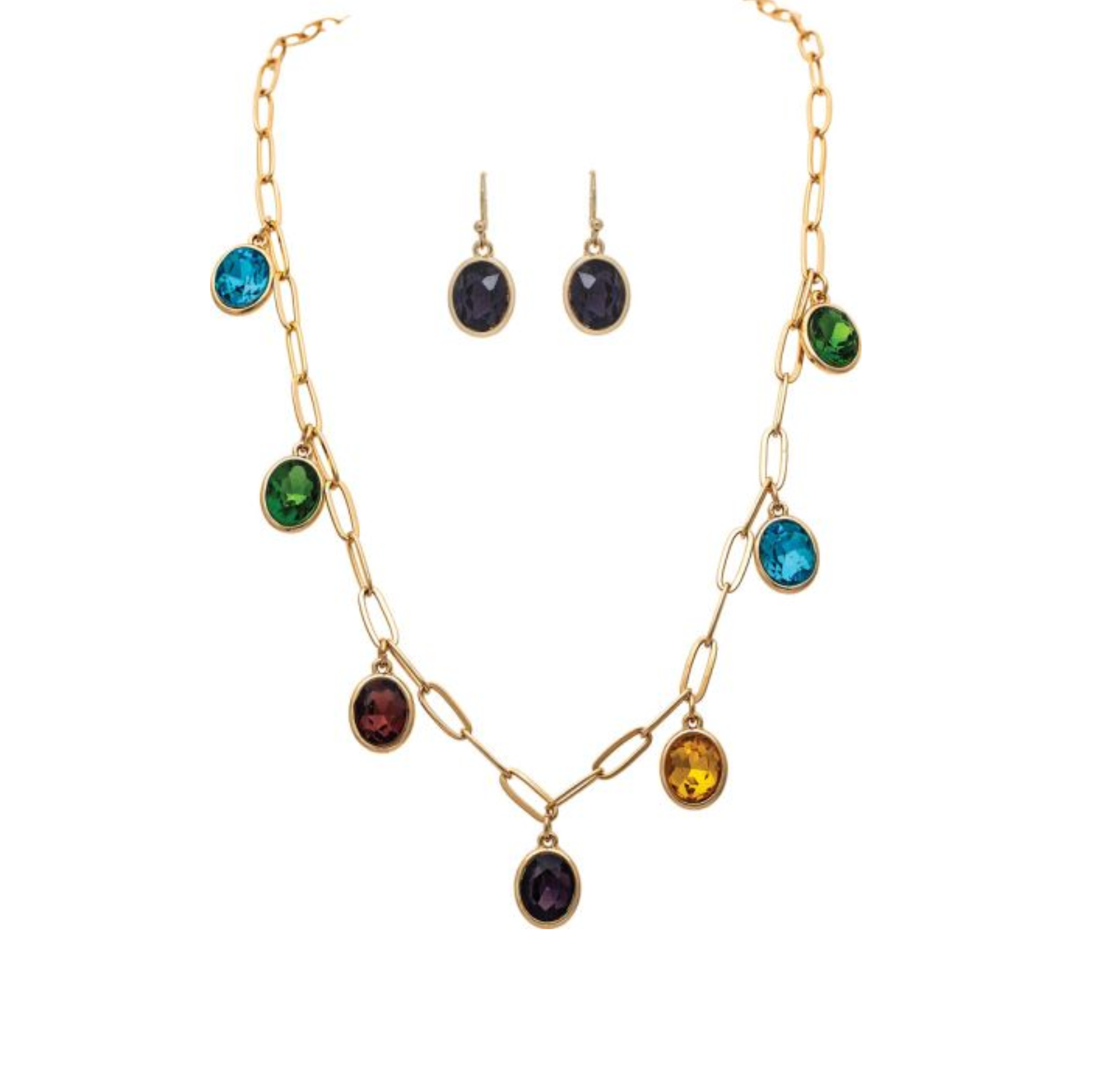 A-Train’s Gold Chain-link Multicolor Gem Drops Necklace Set features a vibrant gold chain necklace adorned with colorful oval gemstone pendants in green, blue, red, purple, and yellow. The set is perfectly paired with matching purple stone dangle earrings and is elegantly displayed on a white background.