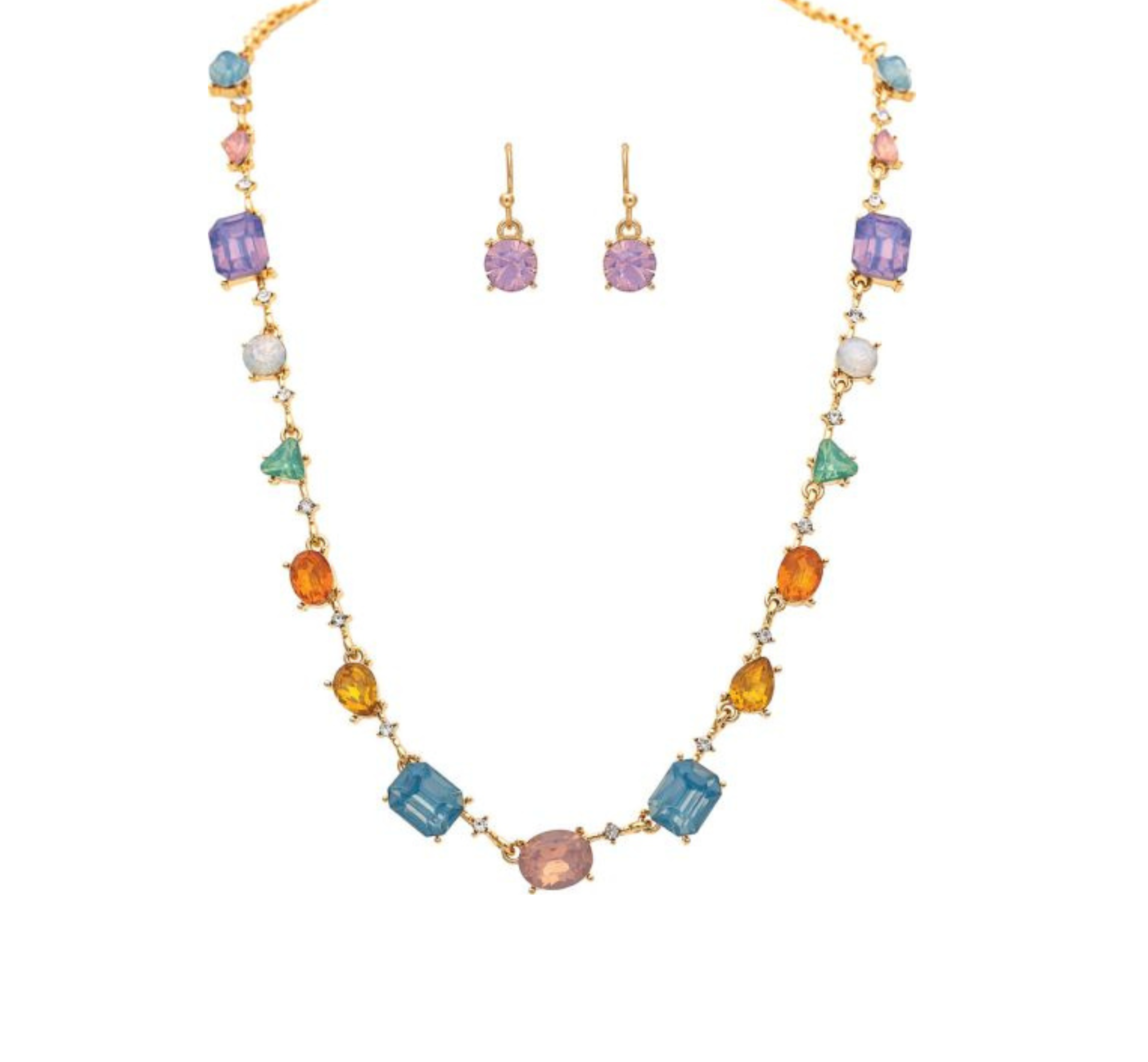 The A-Train Gold Multicolor Opal Crystal Shapes Link Necklace Set features an array of multicolored gemstones in assorted crystal shapes and comes paired with matching purple gemstone drop earrings, all displayed on a white background.