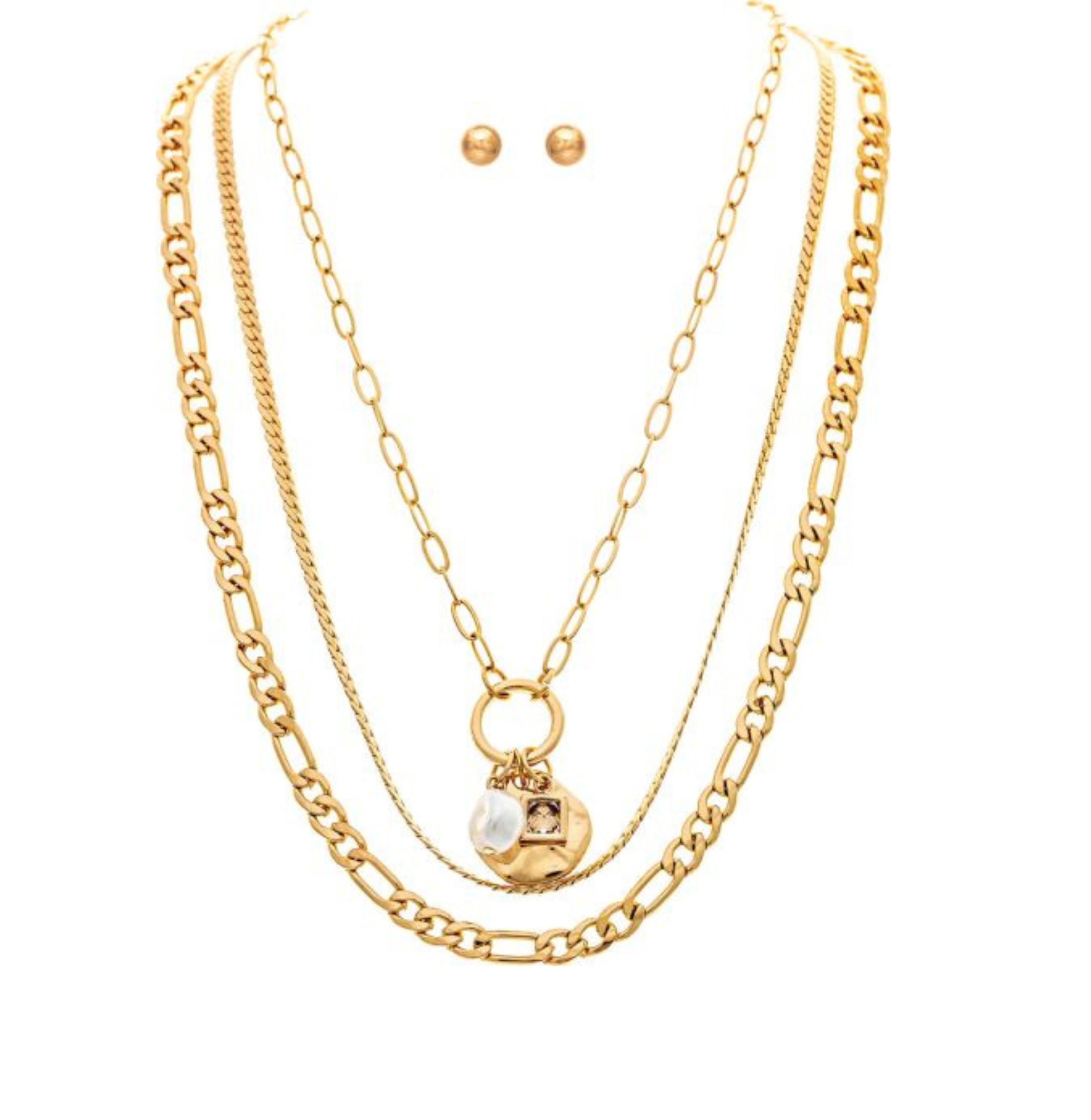 The A-Train Gold Multi Metal Chain Layer with Charms Necklace Set showcases four unique chain styles, including a pendant accented with a pearl and gold charm. Presented on a white background alongside coordinating gold stud earrings, this sophisticated jewelry set brings versatile elegance to any outfit.