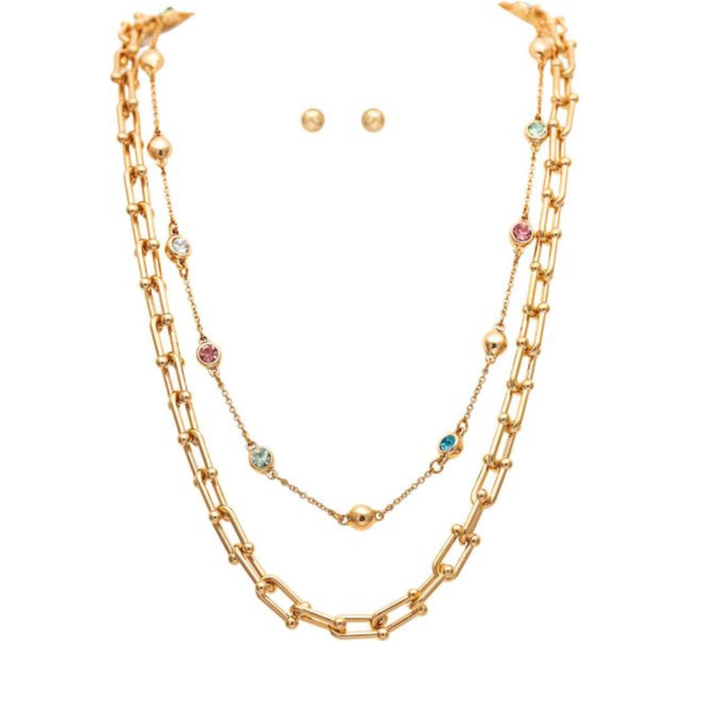 A-Train’s Gold Multicolor Crystal Double Chain Link Necklace Set features a two-layer gold chain—one embellished with vibrant crystals and the other with sleek gold beads—paired with delicate gold stud earrings, all displayed against a white background.