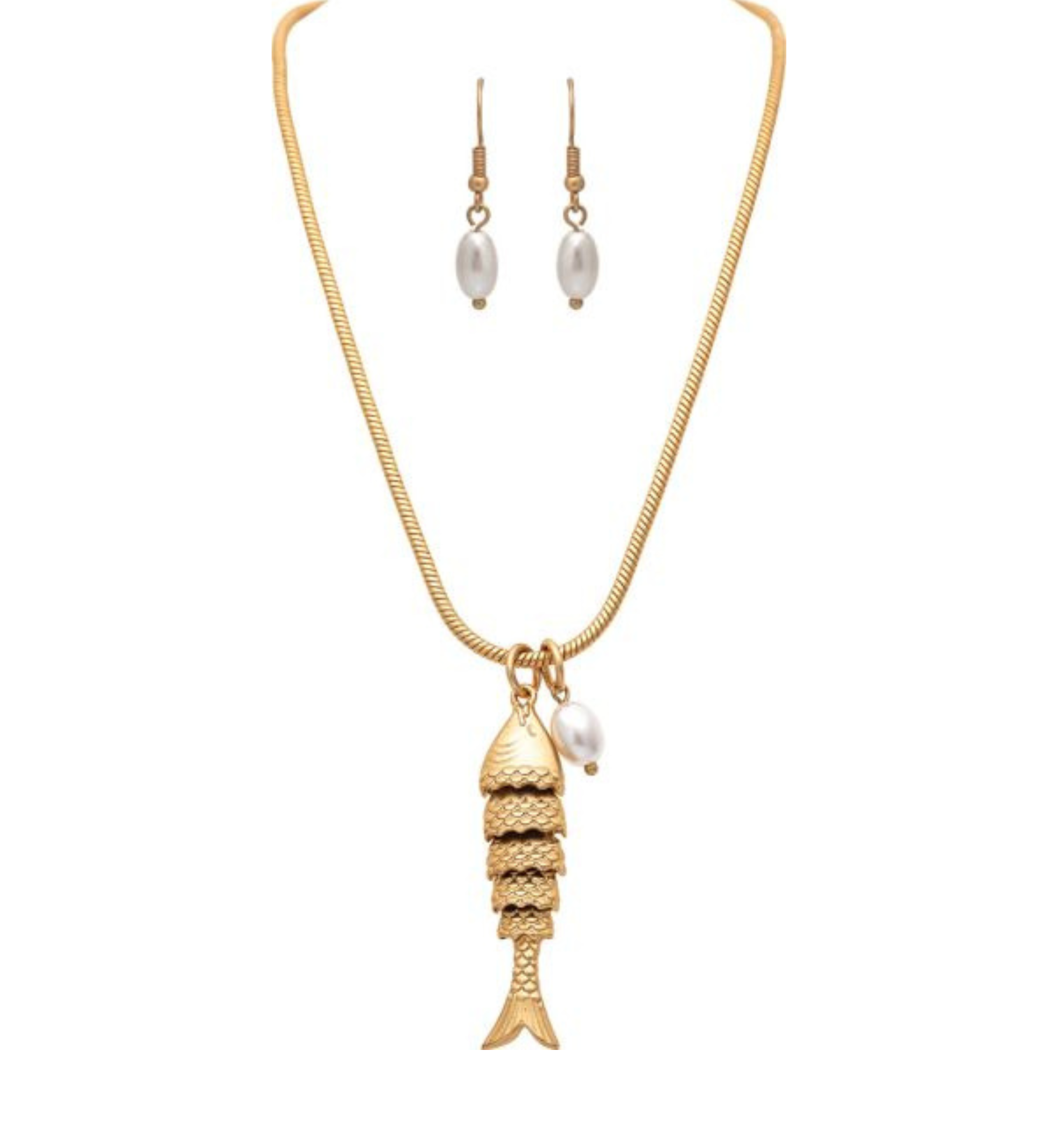 The A-Train Gold Flexible Textured Fish Pendant Necklace Set features a gold necklace with a textured fish pendant and pearl charm, paired with matching dangle earrings adorned with white pearls, displayed against a white background.