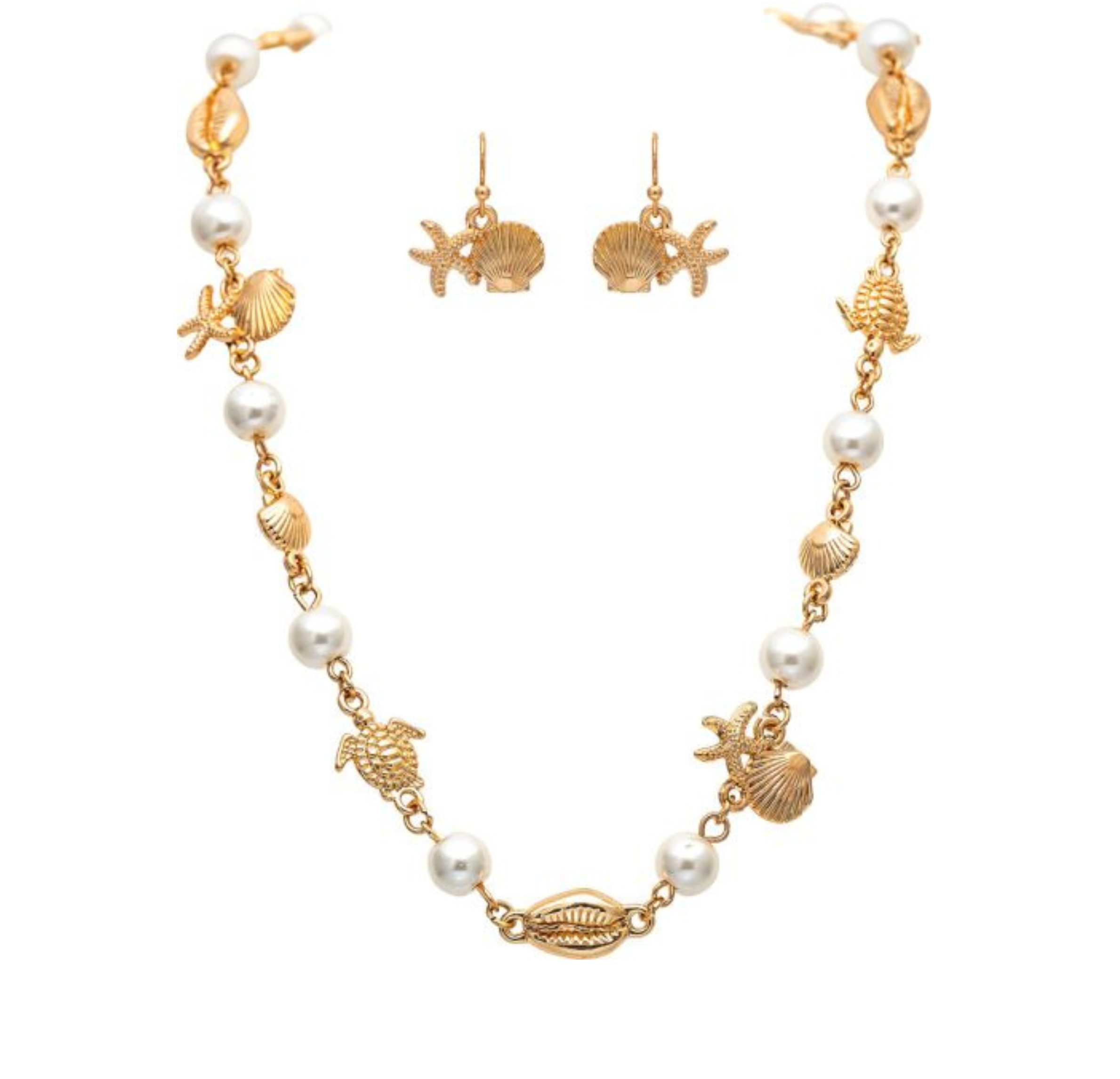 A-Train Gold Faux Pearl Beach Charms Necklace Set features gold sea-themed charms—including shells, turtles, and starfish—accented with shimmering faux pearls and beautifully showcased on a white background.