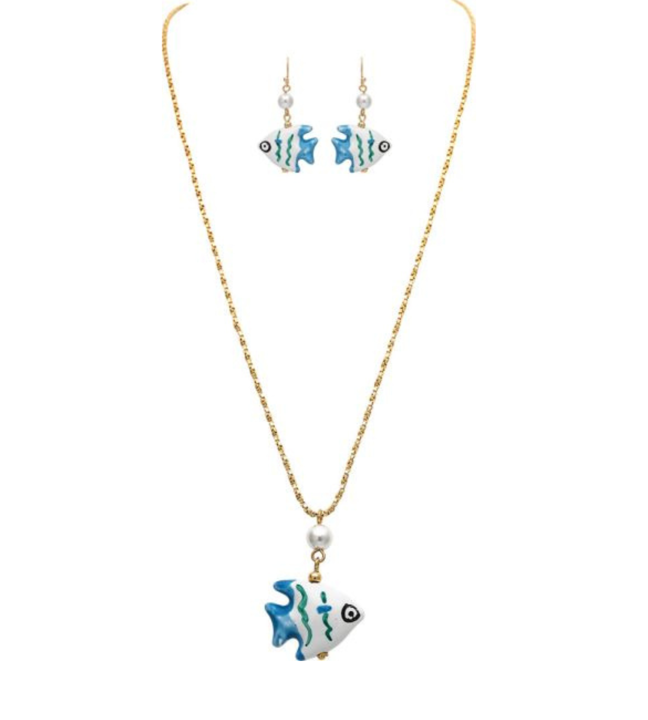 Elevate your style with the A-Train Gold Ceramic Fish Beads Necklace Set, which includes a striking necklace and matching earrings. Each piece features a blue and white fish-shaped pendant with wavy green accents and a delicate pearl detail, all elegantly displayed on a crisp white background.