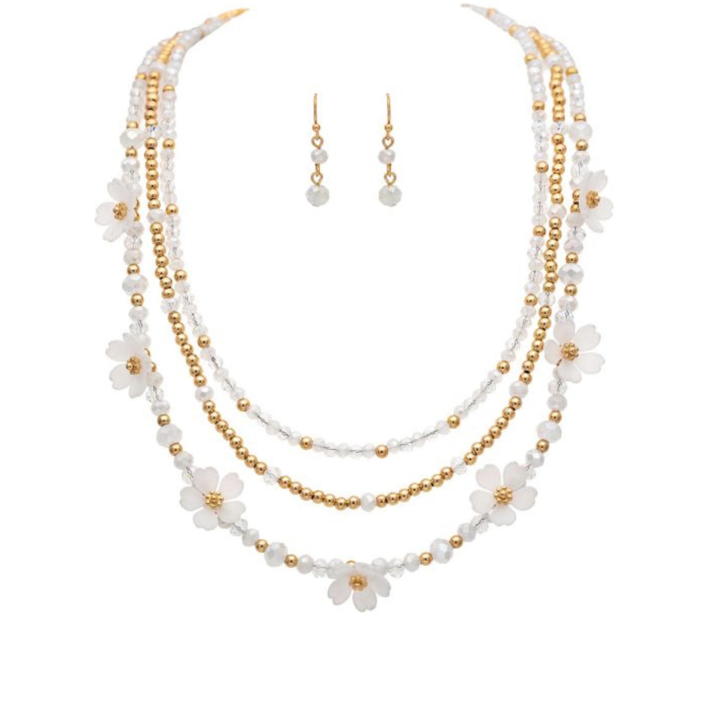 The A-Train Gold White Flower Beads Layer Necklace Set features gold and white beaded strands adorned with delicate white flower accents, complete with matching necklace and earrings for a coordinated look.