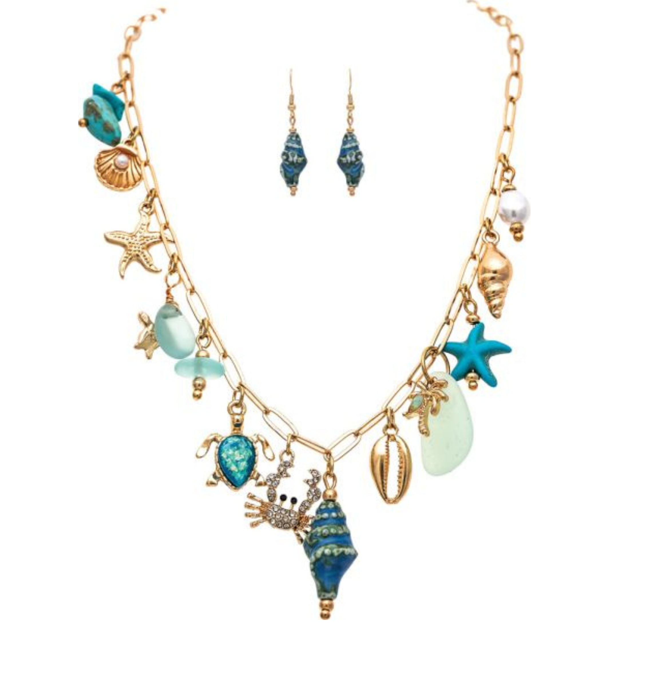 Introducing the A-Train Gold She Sells Seashells Charm Necklace Set—an elegant collection featuring ocean-inspired gold charms like shells, a crab, starfish, pearls, and blue beads. The set includes matching blue seashell-shaped dangle earrings, all beautifully displayed on a white background.