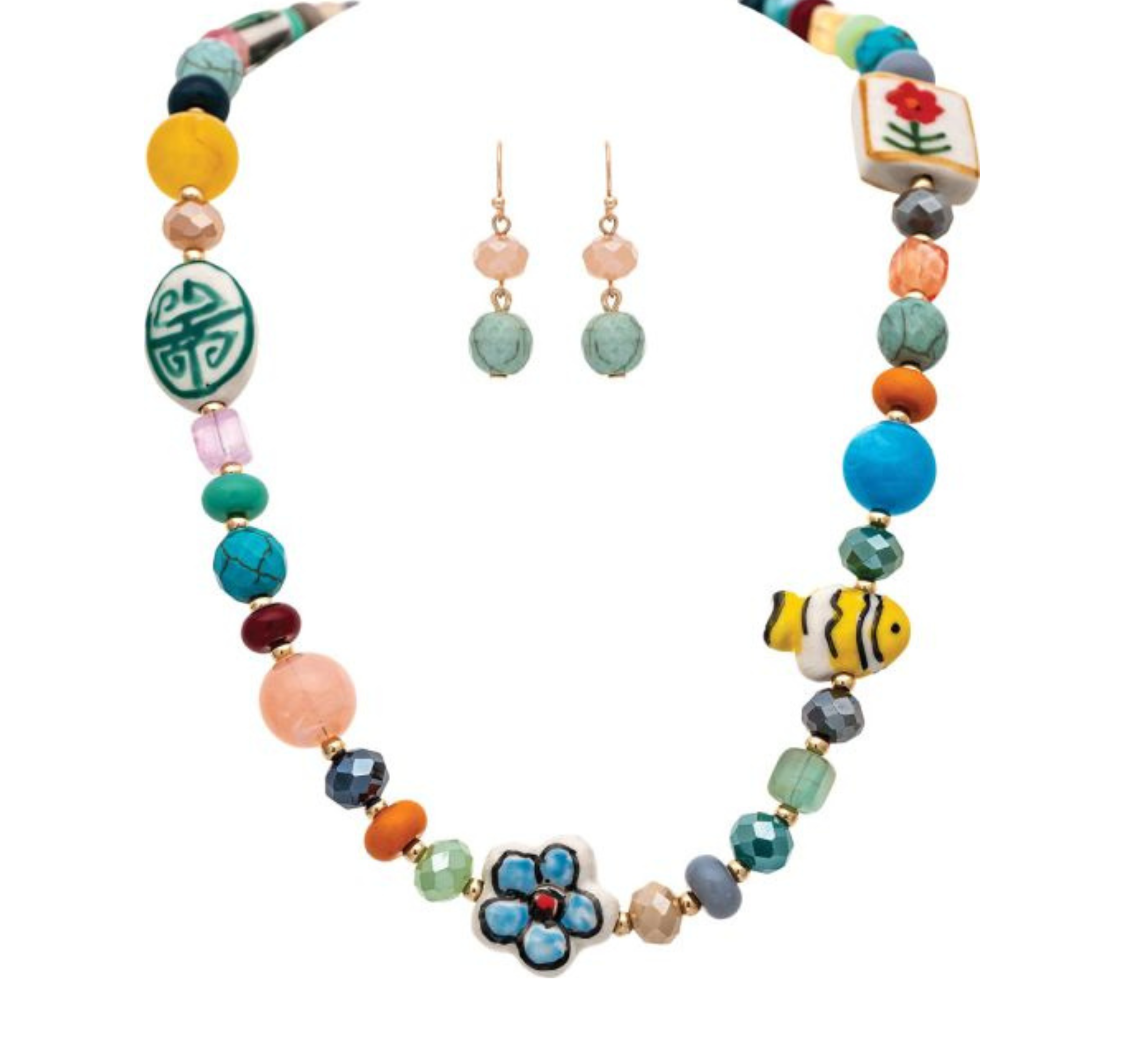 The A-Train Gold Multicolor Ceramic Theme Beads Necklace Set features a vibrant beaded necklace adorned with assorted shapes—such as fish, flowers, and geometric patterns—and comes complete with matching dangle earrings featuring round blue beads.