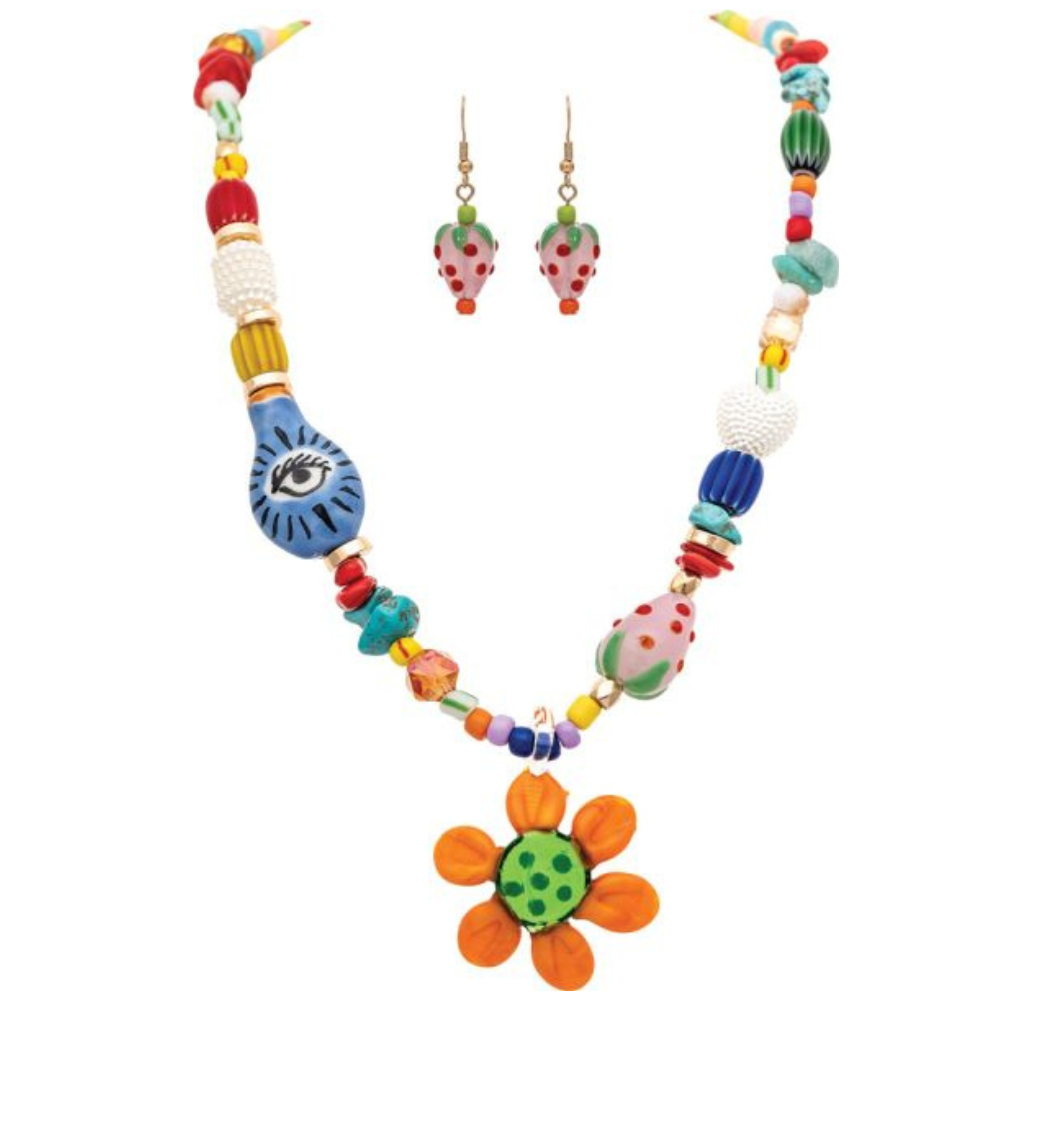 The A-Train Gold Mixed and Lampwork Floral Beads Necklace Set features a vibrant array of colorful beads, a bold orange and green flower pendant, matching earrings, and playful accents like eye motifs and polka-dot designs—making it the perfect accessory for adding a fun touch to any outfit.