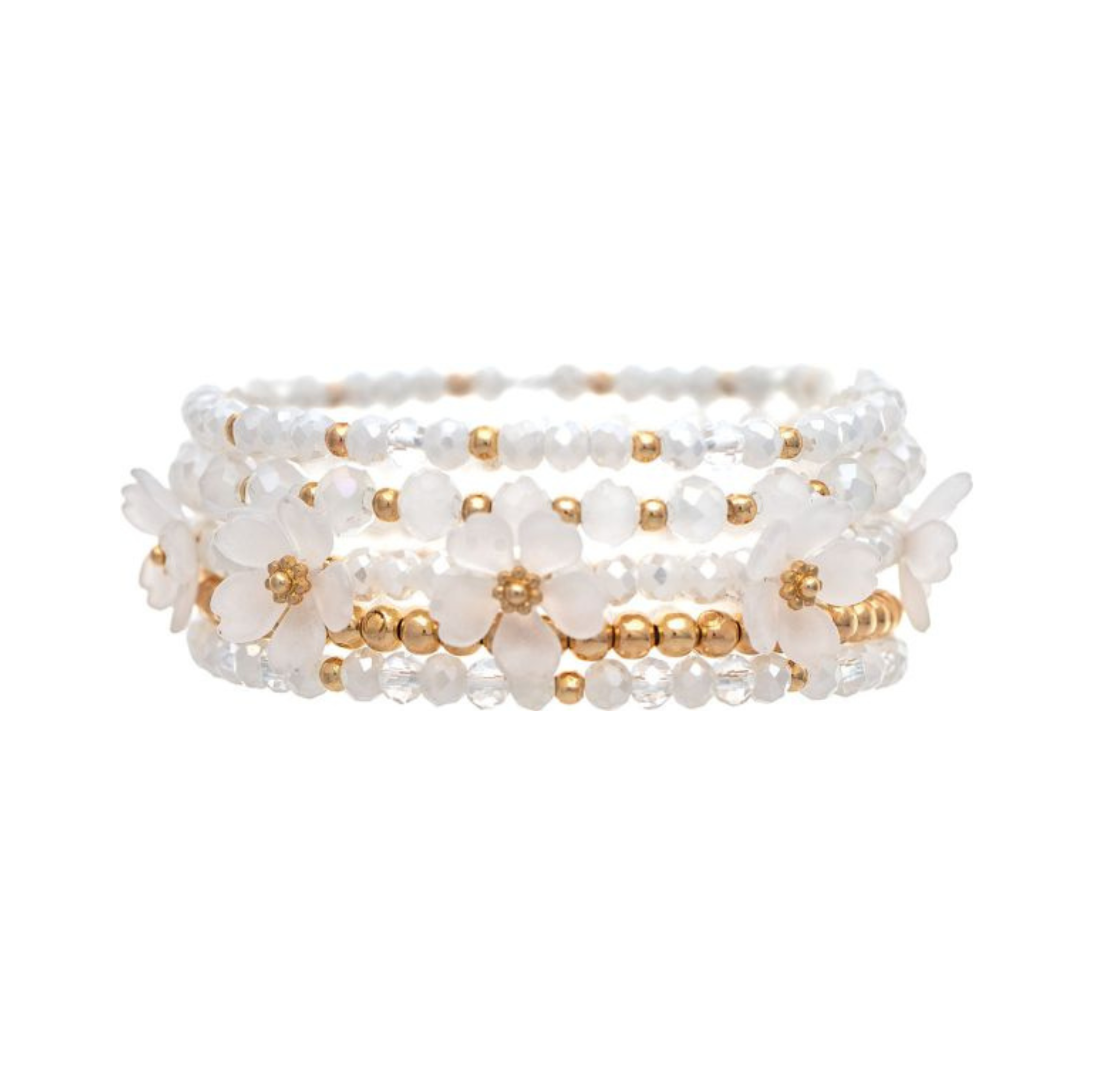 A-Train’s Gold White Flower Beads Five Piece Bracelet Set showcases stacked beaded bracelets adorned with clear and gold white flower beads and delicate white flower charms—an elegant jewelry set perfect for any occasion.