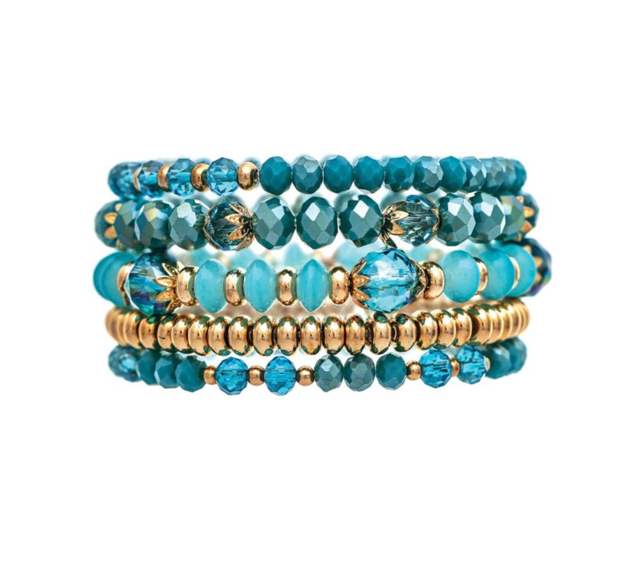 A-Train's Gold Blue Mixed Glass Bead Five Piece Bracelet Set showcases a chic arrangement of faceted and round glass beads in various shapes and sizes, featuring elegant blue and gold tones. Beautifully layered against a white background, this sophisticated bracelet set is perfect for elevating any ensemble.