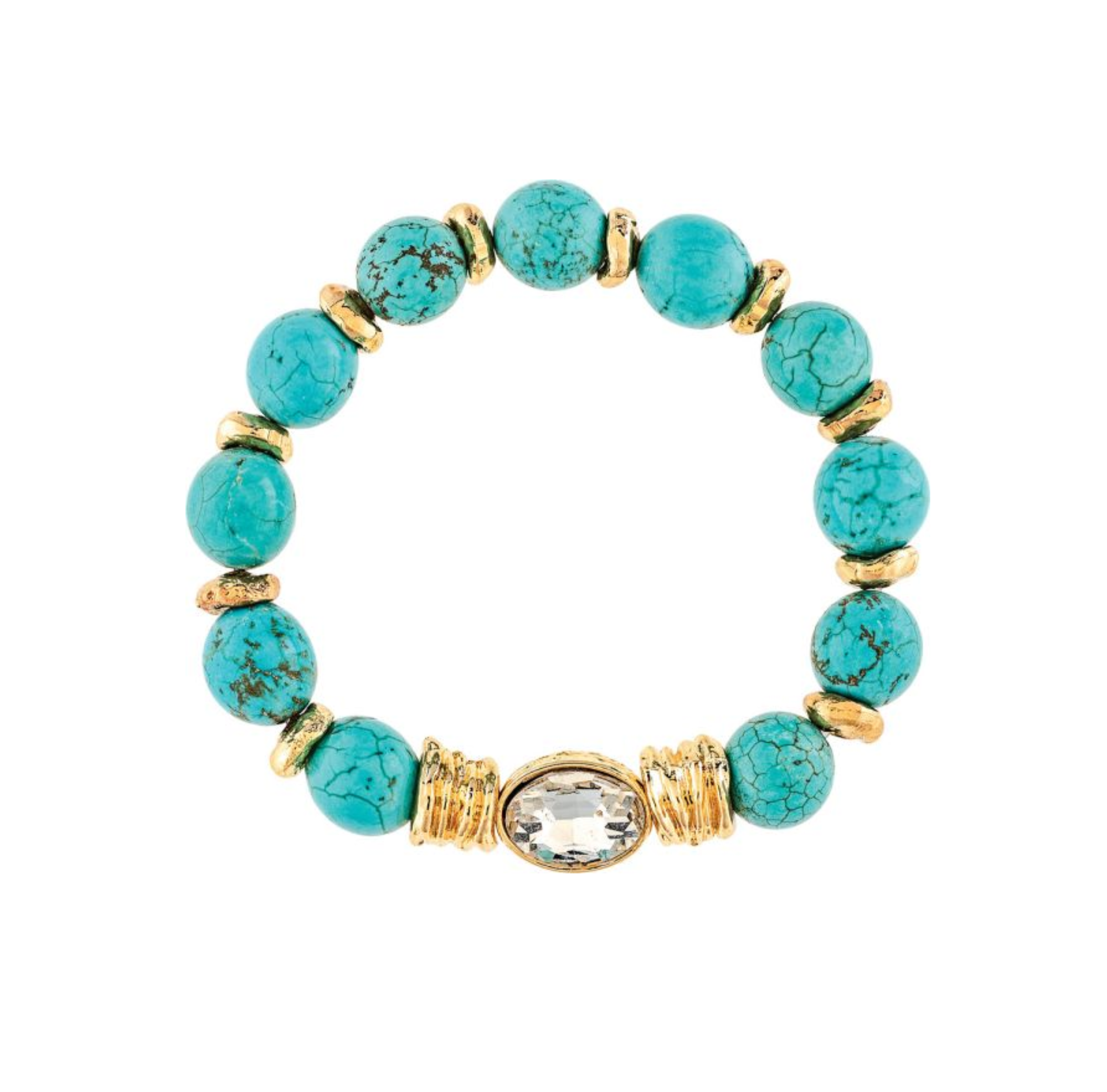 The A-Train Gold Blue Stone Bead Crystal Center Bracelet showcases round blue stone beads accented with gold spacers and highlights a central oval crystal set in gold, making it an elegant accessory for any occasion.