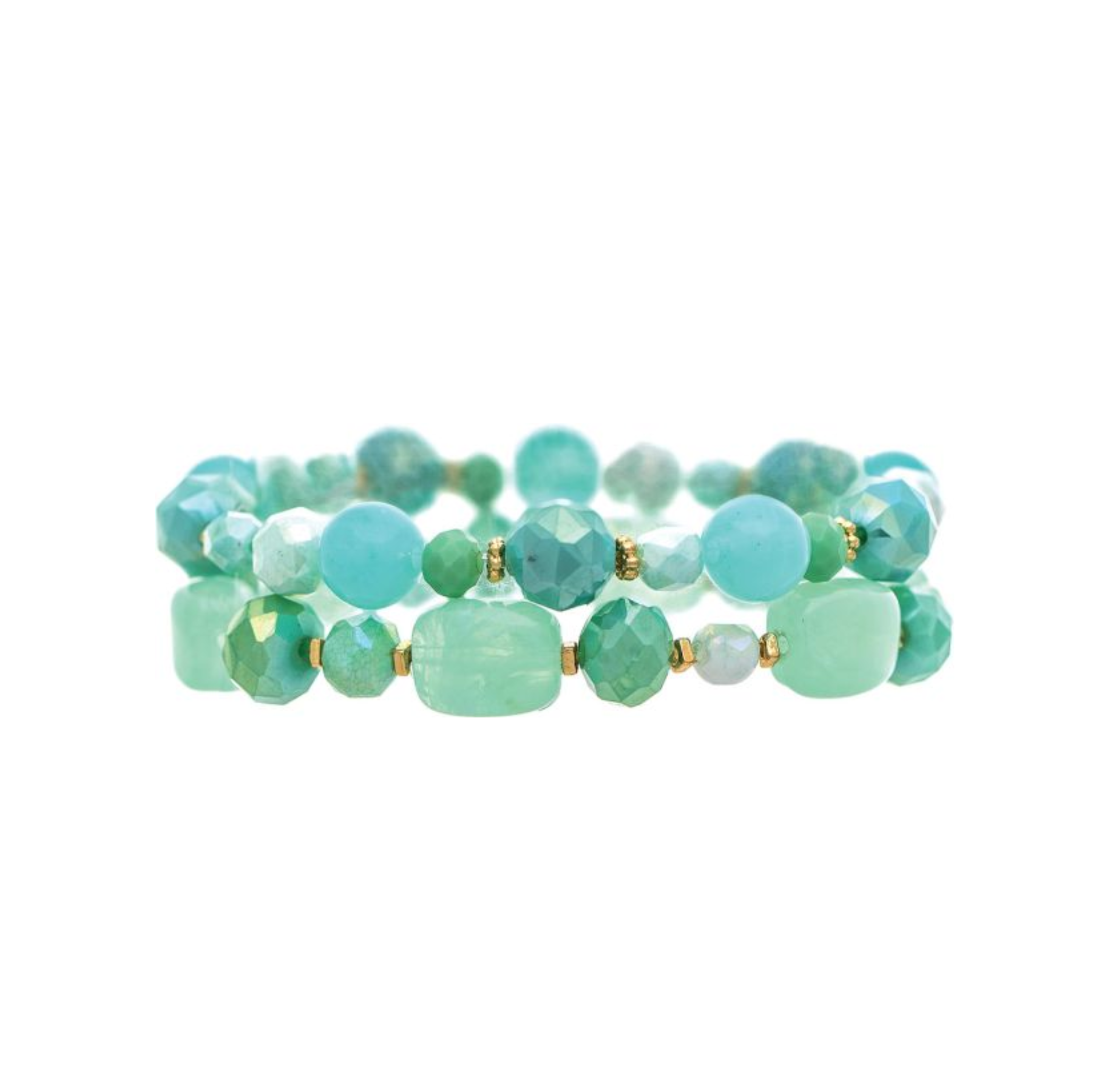 Introducing the Gold Green Mixed Bead Two Piece Bracelet Set by A-Train: this stack features two beaded bracelets in turquoise and green hues, combining faceted and smooth round beads with gold spacer accents to create a look reminiscent of a gold bead bracelet, beautifully highlighted against a white background.