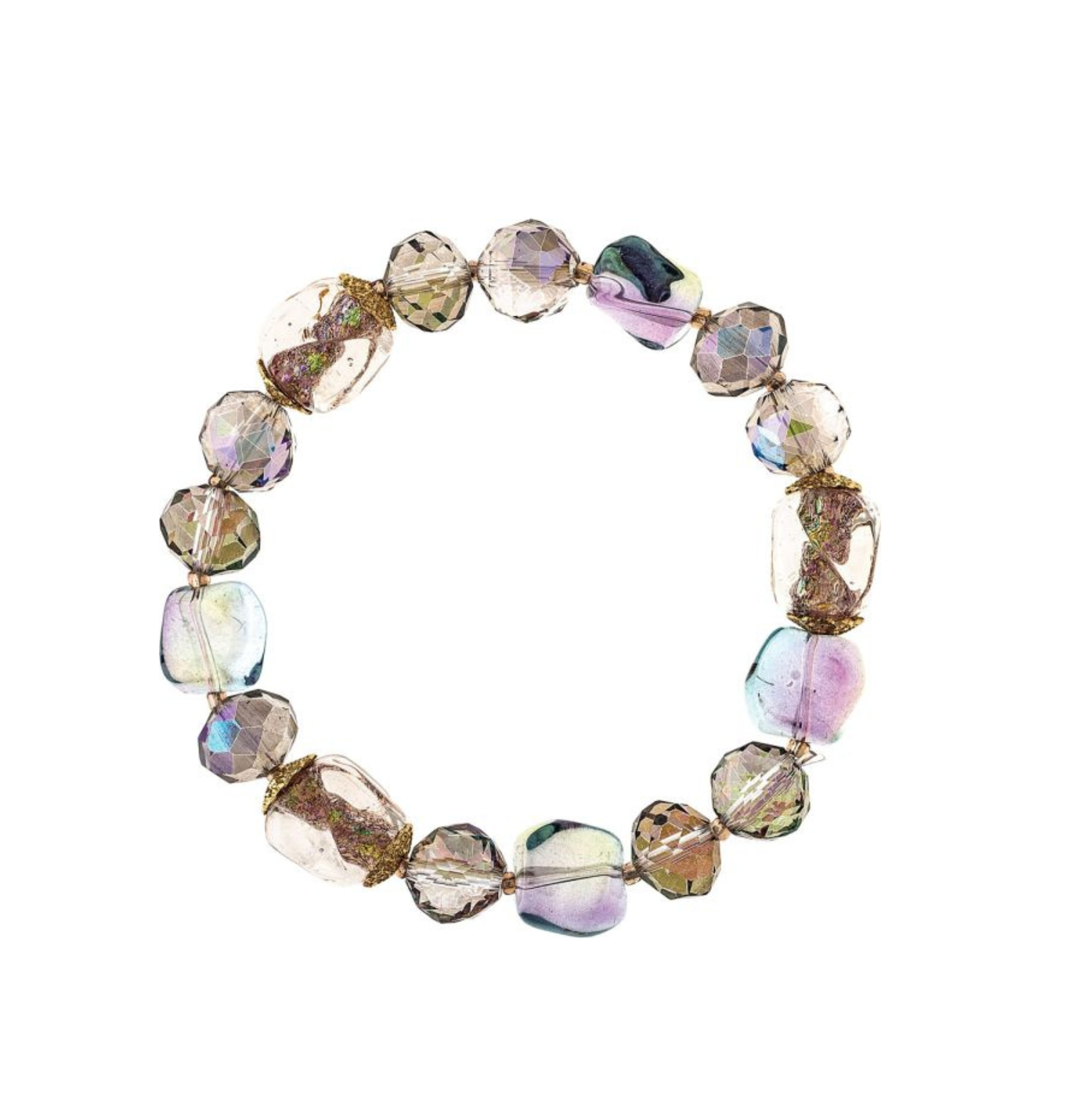 Introducing the A-Train Gold Multi Metal Fire Polished Clear Bead Bracelet—a striking accessory crafted with irregular, translucent, multicolored beads in shades of purple, green, and gold. Strung together in a circular design, this bracelet catches the light beautifully for a stunning effect.