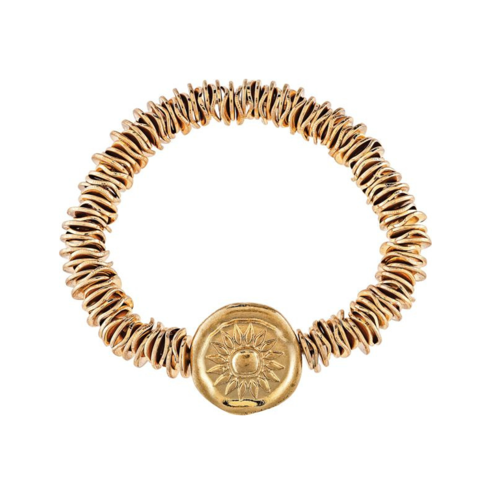 A-Train’s Gold Disc Beads Sunflower Medallion Bracelet features gold-toned, stacked circular beads and a central round charm with a sunburst motif, forming a seamless loop for an elegant accent suitable for any occasion.