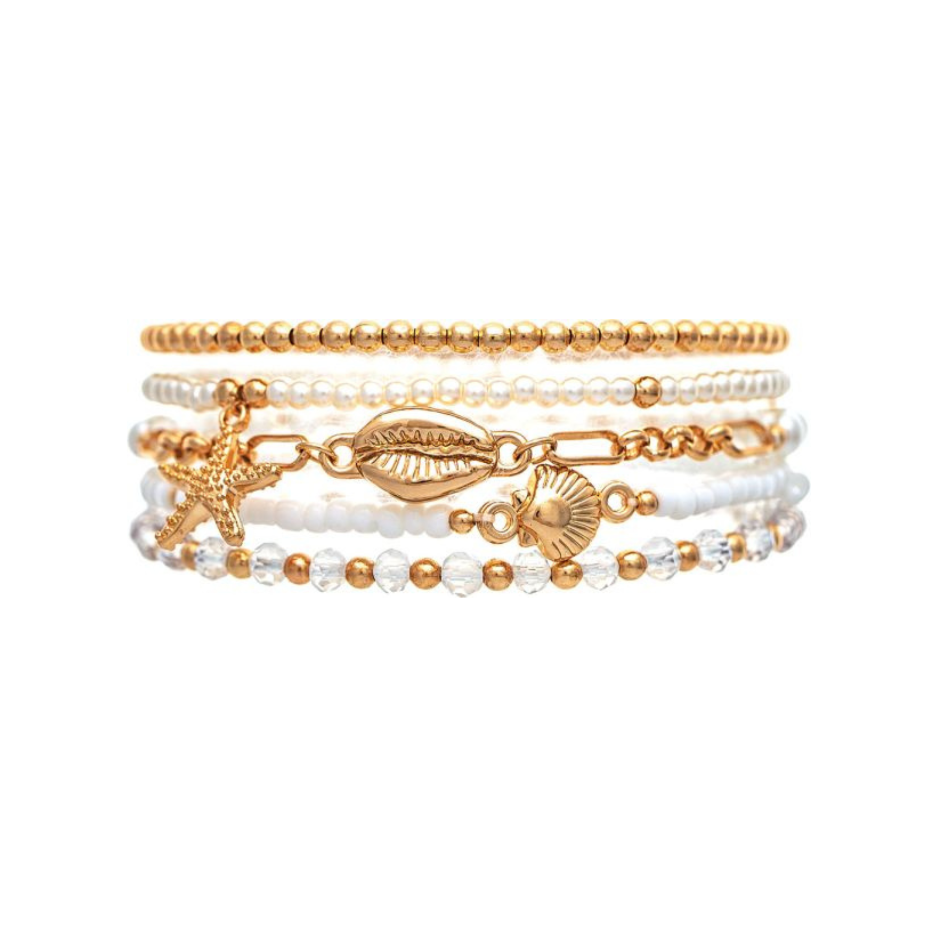 A-Train's Gold White Faux Pearl Beach Charms Bracelet showcases an elegant stack of bracelets adorned with gold and clear beads, accented by coastal-inspired charms shaped like a starfish, shell, and cowrie shell, all set against a white background—perfect for adding a touch of seaside style to any look.