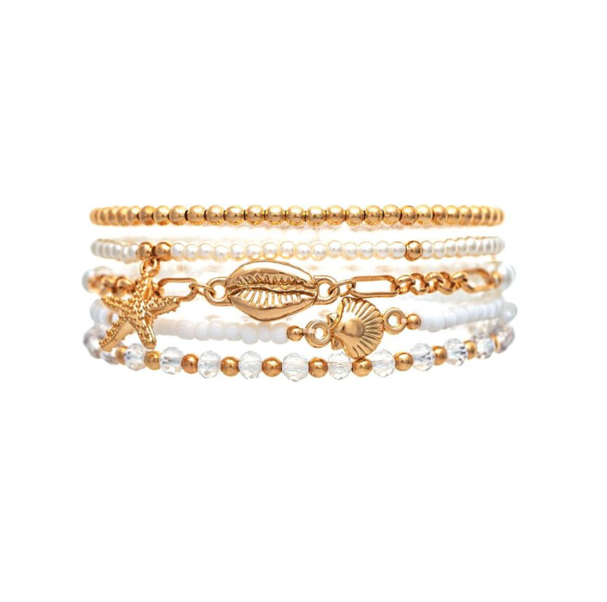 A-Train's Gold White Faux Pearl Beach Charms Bracelet showcases an elegant stack of bracelets adorned with gold and clear beads, accented by coastal-inspired charms shaped like a starfish, shell, and cowrie shell, all set against a white background—perfect for adding a touch of seaside style to any look.
