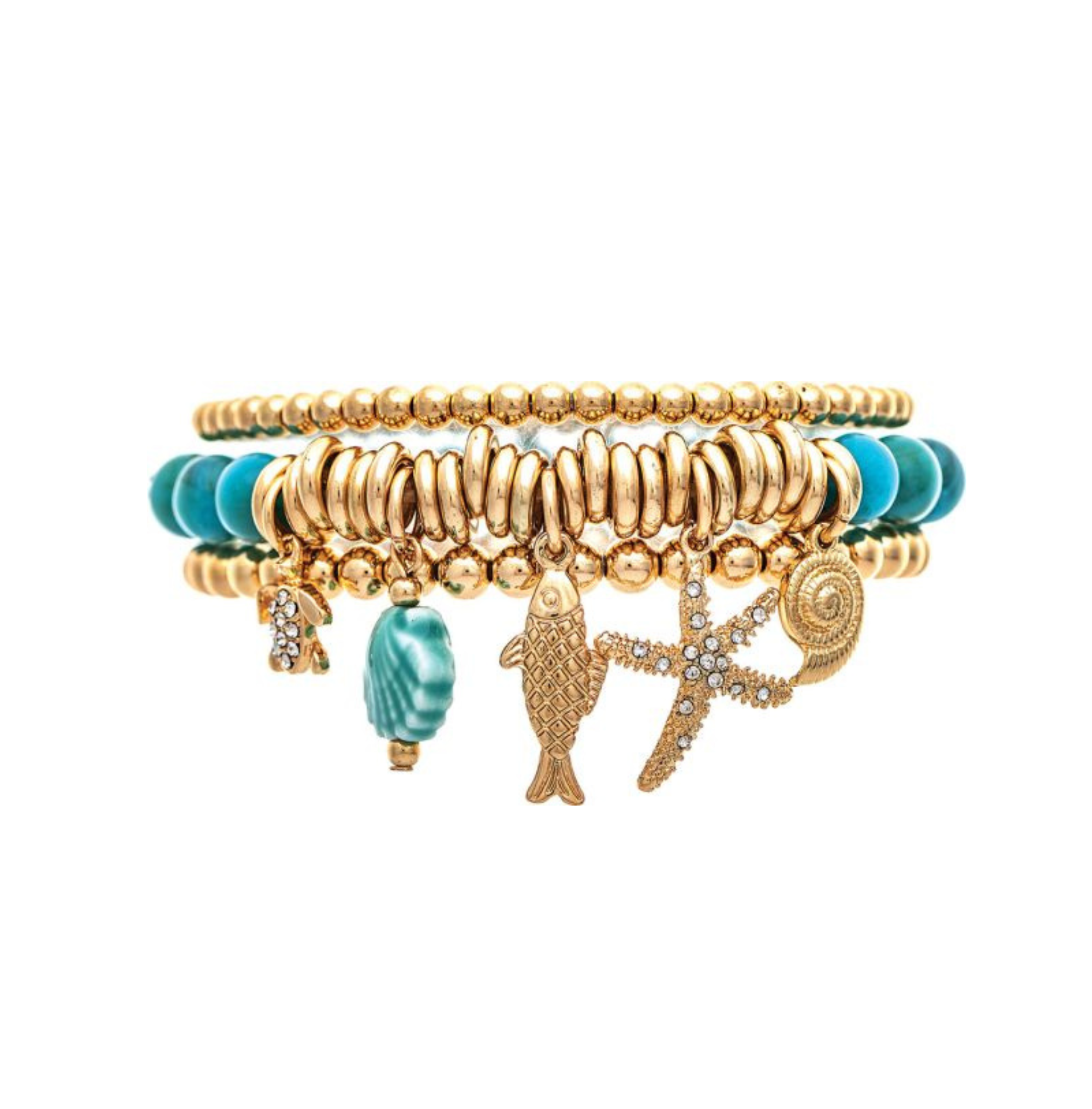 Introducing the A-Train Gold Blue Ceramic Shell Sea Charms Bracelet—an elegant piece adorned with gold and turquoise ceramic beads and featuring sea-themed charms such as a shell, fish, starfish, and a turquoise accent. Perfect for any sea charms bracelet collection.