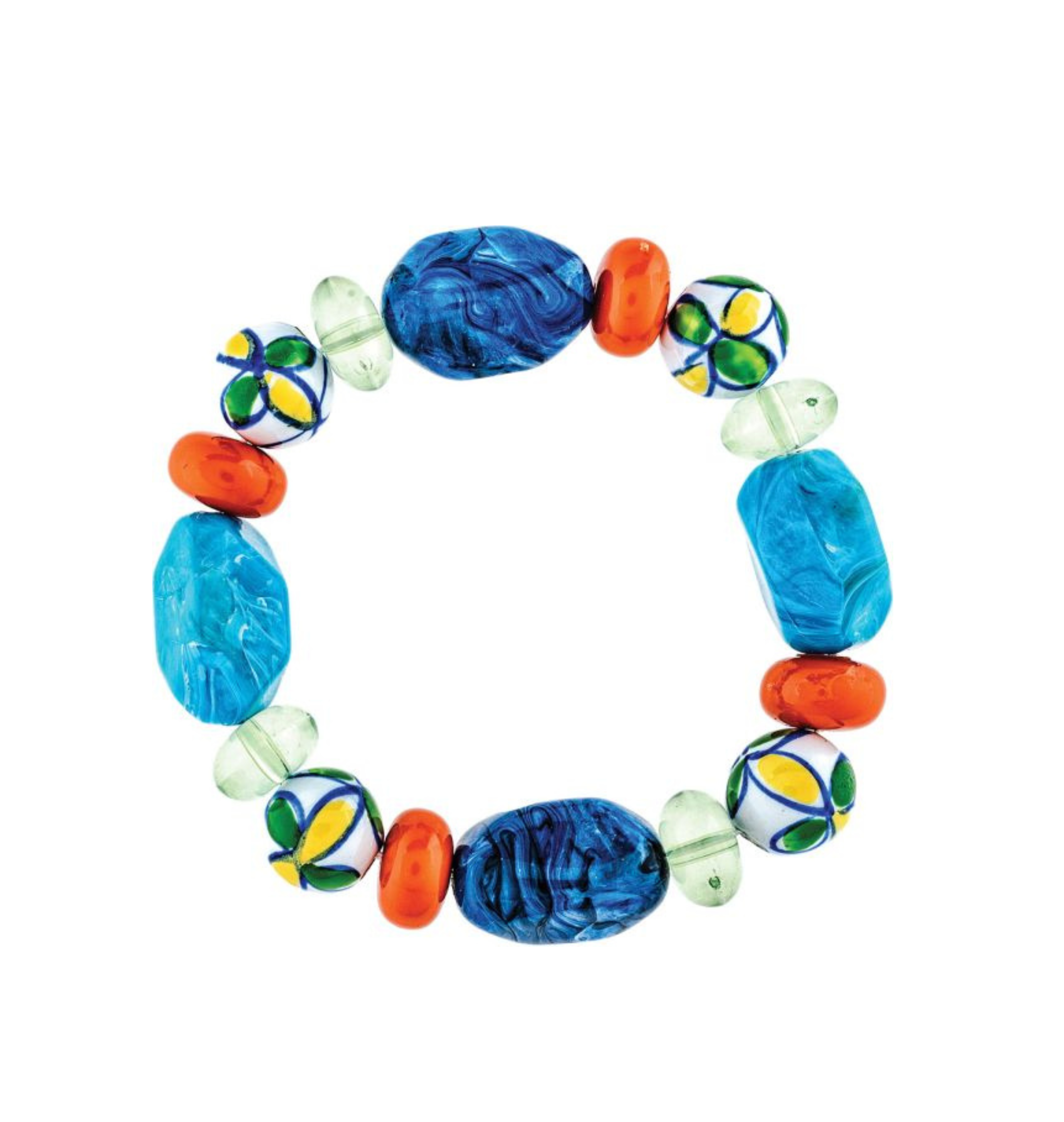 A-Train’s Blue Orange Bead Ceramic Flower Bracelet features an eye-catching array of large blue, green, orange, and multicolored ceramic beads arranged in a circle on a white background, making it a vibrant and elegant accessory that adds a playful touch to any outfit.