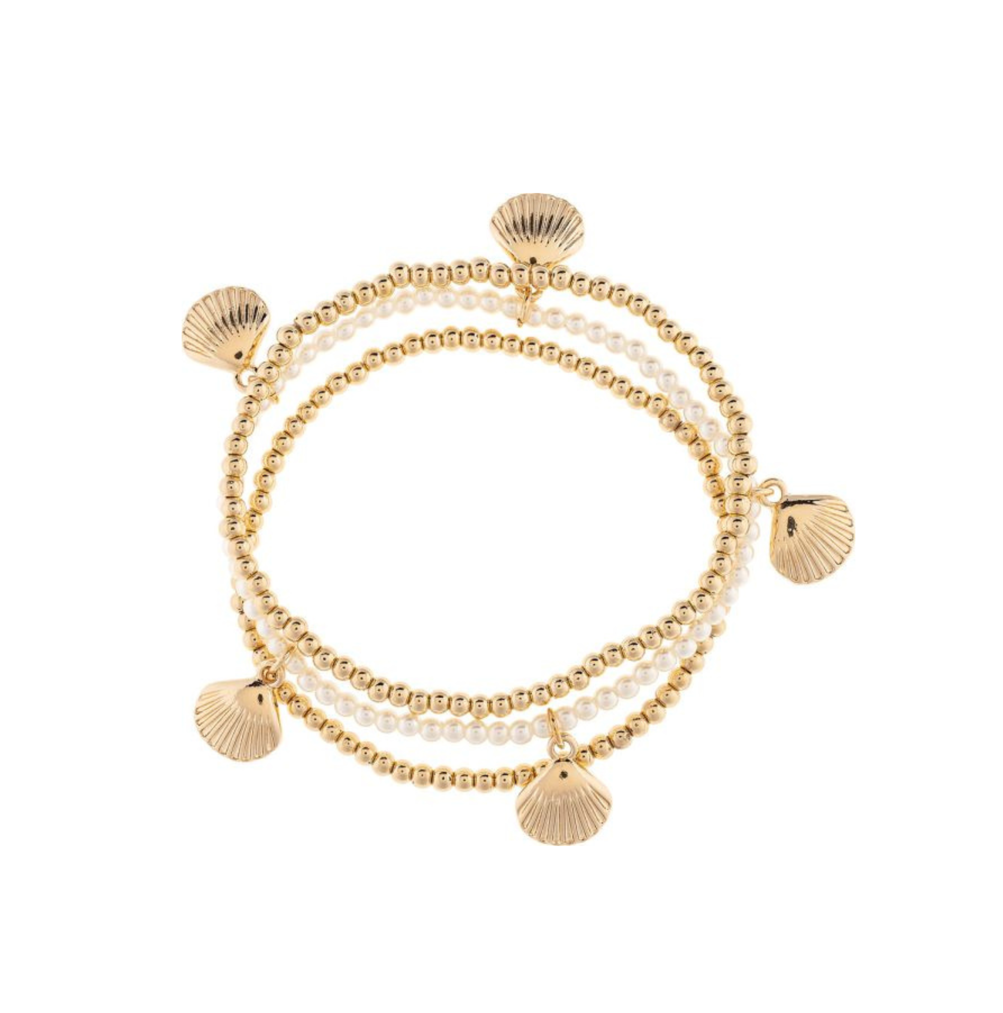 A-Train's Gold White Shell Beaded Stretch Bracelet features gold beads accented with small seashell charms and white, pearl-like beads, coiled in a circular arrangement on a white background. This elegant accessory perfectly captures the refined beauty of the Gold White Shell Beaded Stretch Bracelet, making it an ideal choice for adding sophistication to any outfit.