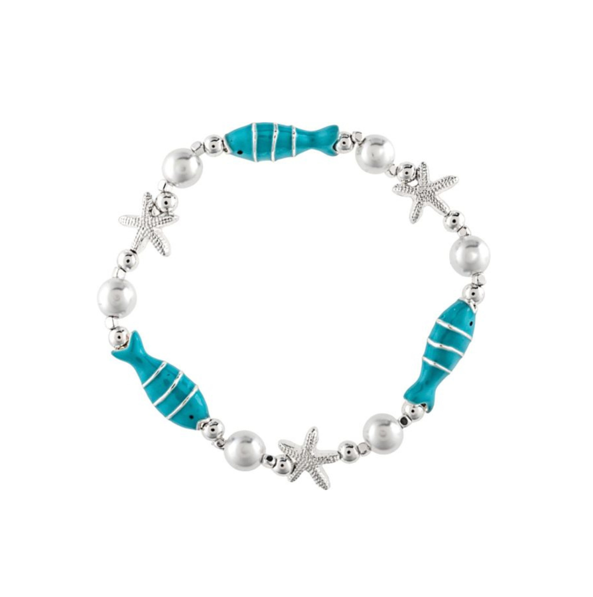 Introducing the A-Train Silver Faux Pearl Blue Enamel Fish Bracelet, a charming accessory featuring alternating silver faux pearls, silver starfish accents, and turquoise enamel fish-shaped beads arranged in a repeating pattern on a comfortable elastic band—an elegant piece perfect for enhancing any outfit.