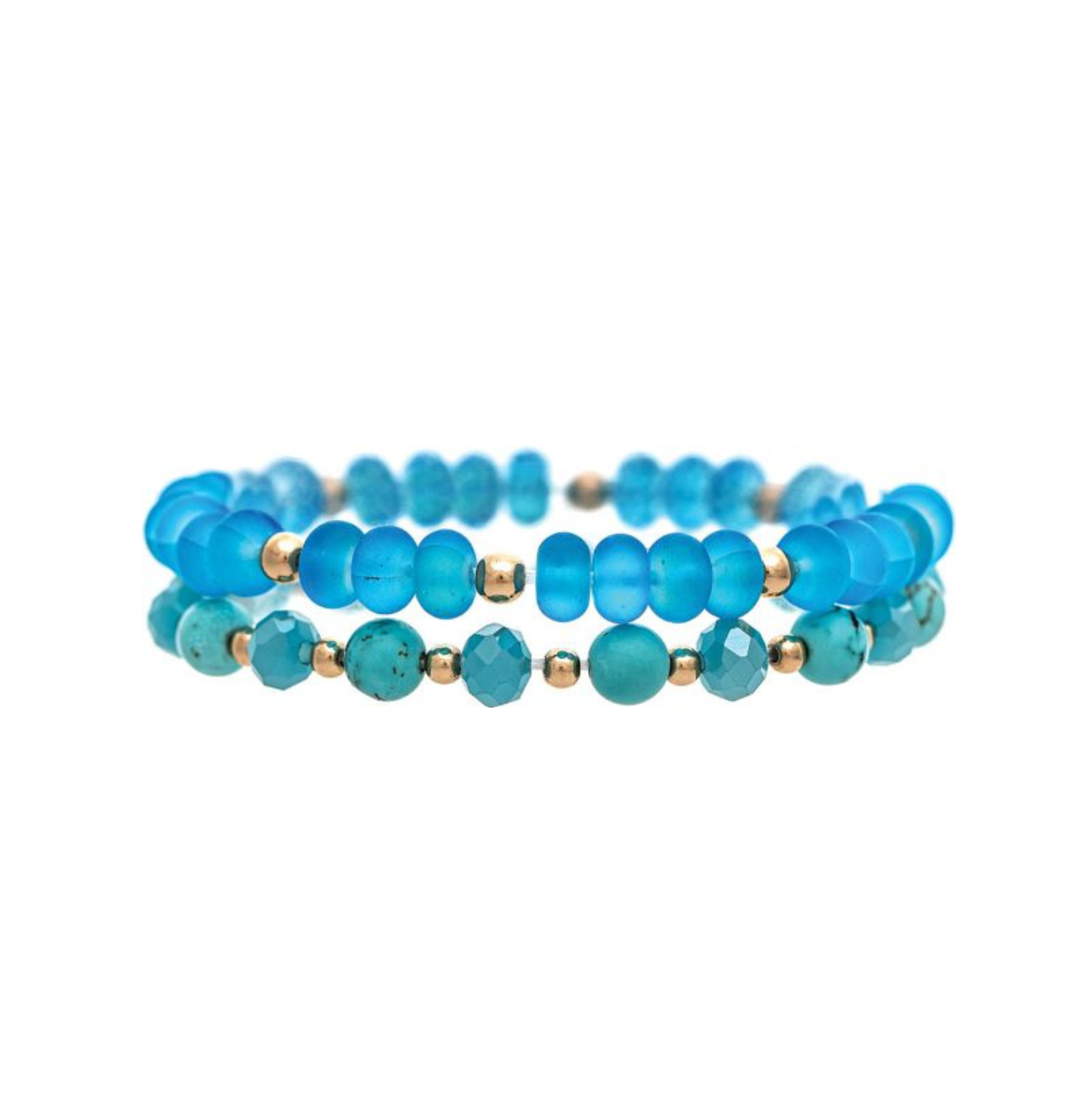 The A-Train Gold Blue Stone Glass Beads Two Piece Bracelet Set includes two stacked bracelets featuring vibrant blue, turquoise, and gold round beads. Arranged neatly in a circle against a white background, these bracelets highlight their striking color combination and elegant design.
