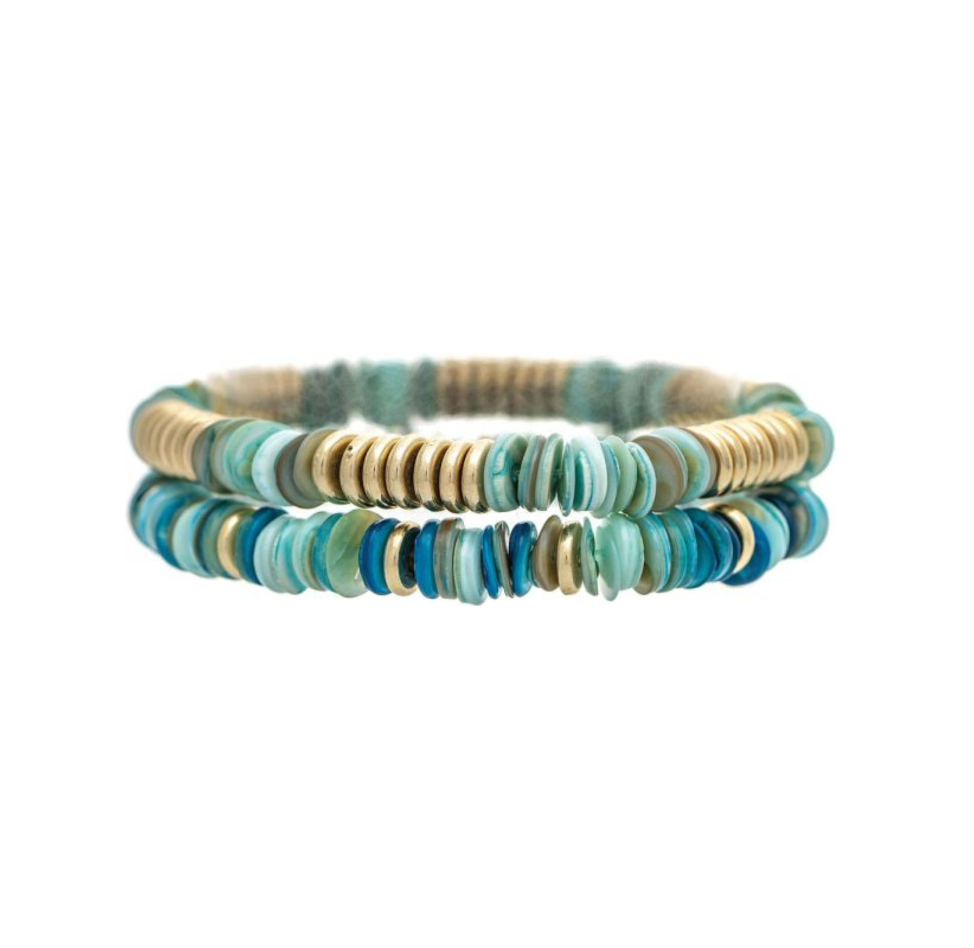 Introducing the Gold Blue Shell Row Beads Two Piece Bracelet Set by A-Train. This elegant jewelry set features two stacked bracelets with round, flat beads in shades of turquoise, blue, and gold, artfully arranged in a repeating pattern on an elastic band. Perfect for adding a touch of sophistication to any look, this set makes a stylish addition to your accessory collection.