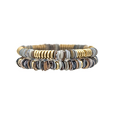 The A-Train Gold Gray Shell Row Beads Two Piece Bracelet Set features two stretchy beaded bracelets with round, flat beads in gold, gray, brown, and cream tones, stacked together against a white background for a chic and stylish look.